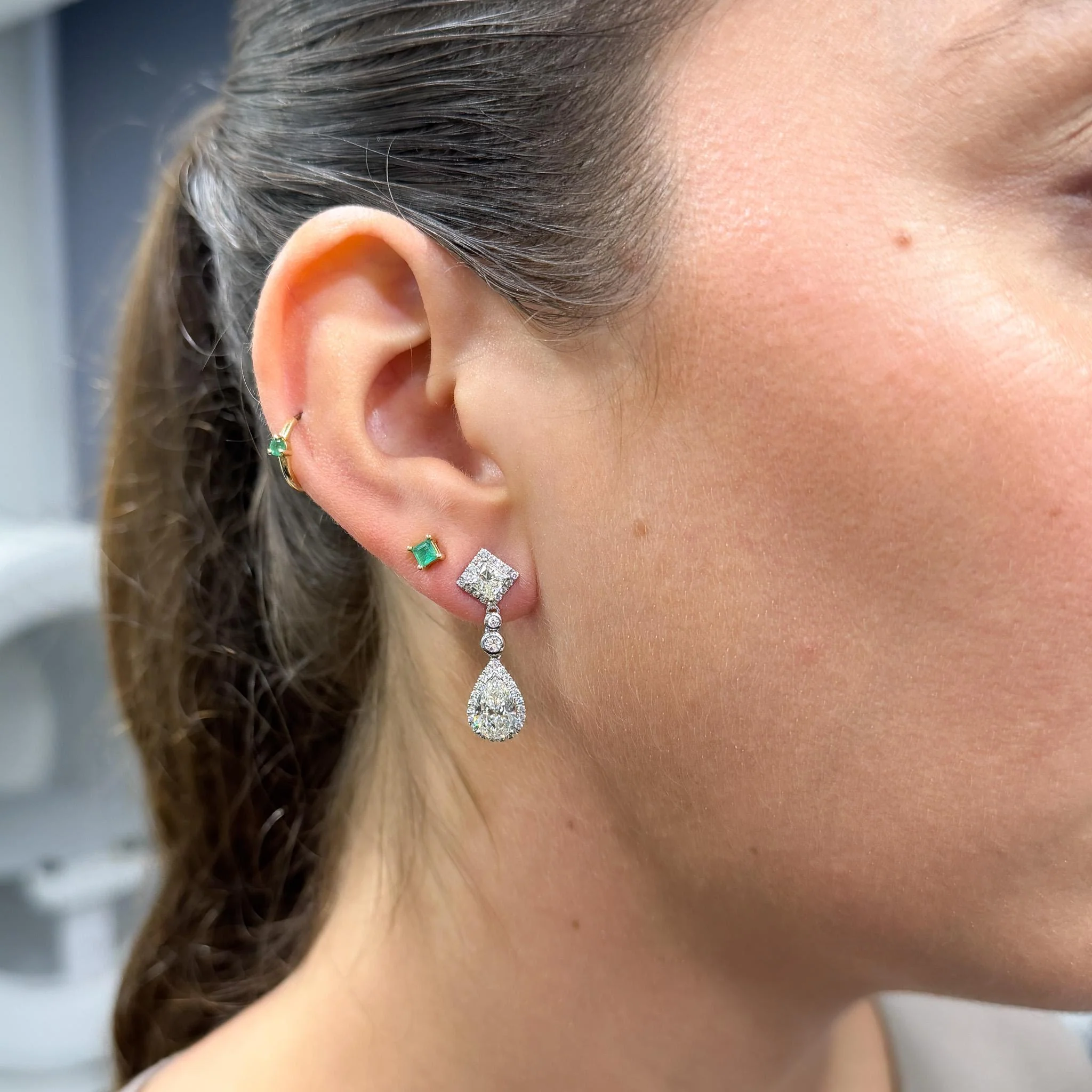 GIA Certified 3.93 Carat Pear Cut &Diamond Halo Drop Earrings in 18K White Gold - Image 2