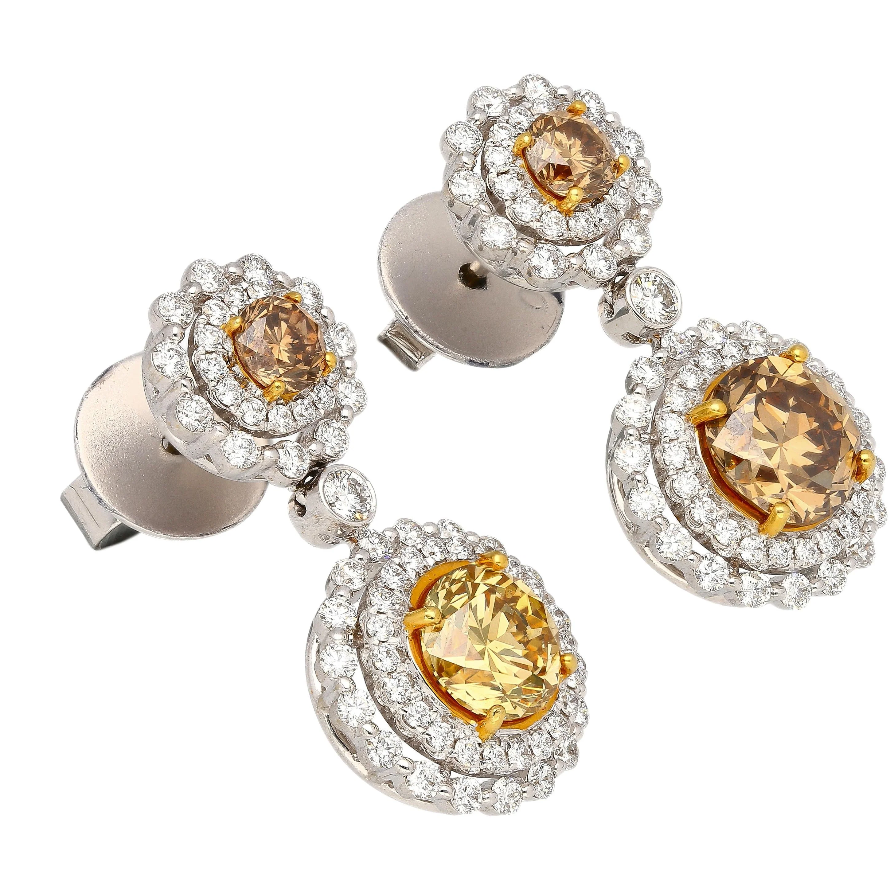 GIA Certified 3.96 Carat Round Fancy Brown To Yellow Diamond Drop Earrings - Image 2