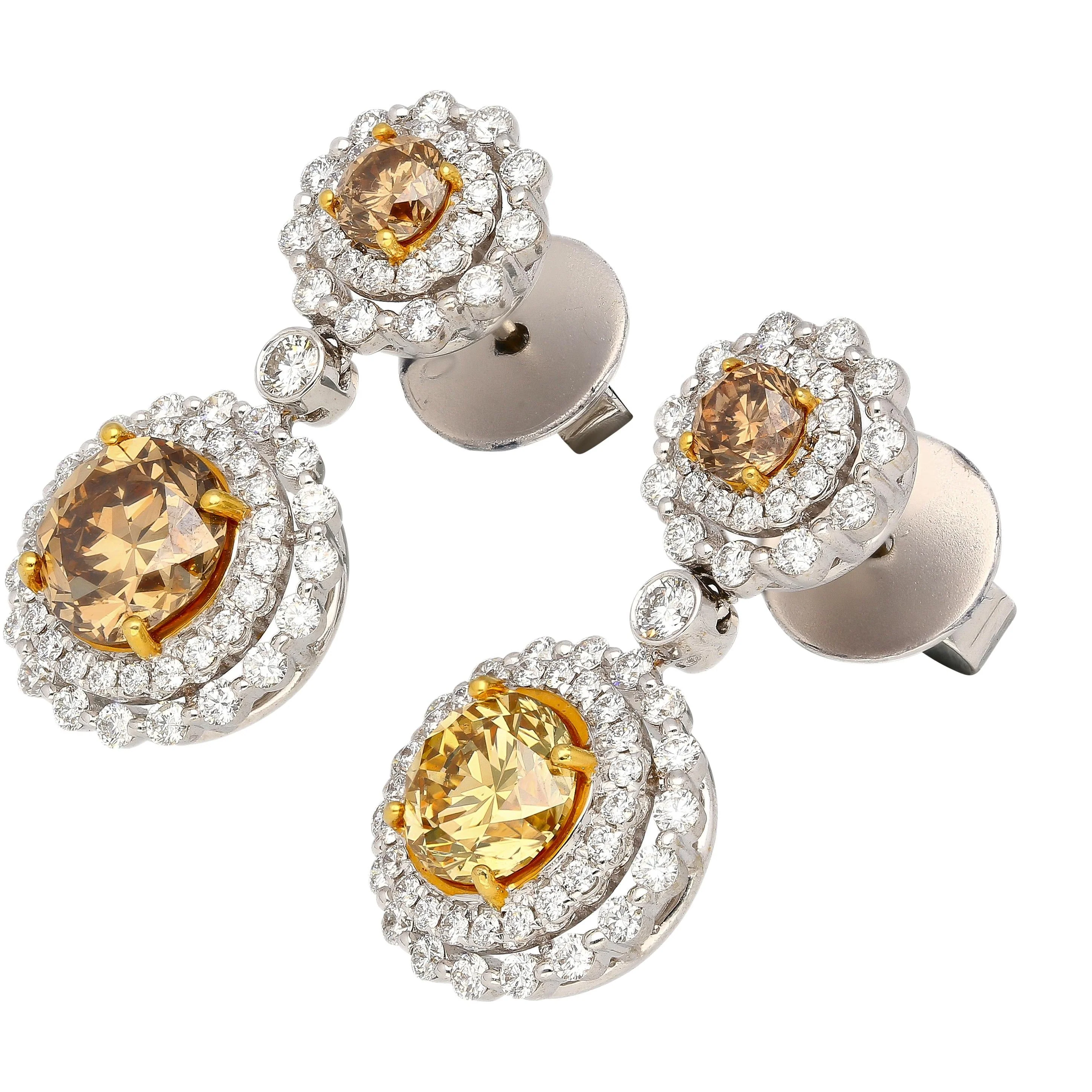 GIA Certified 3.96 Carat Round Fancy Brown To Yellow Diamond Drop Earrings - Image 3