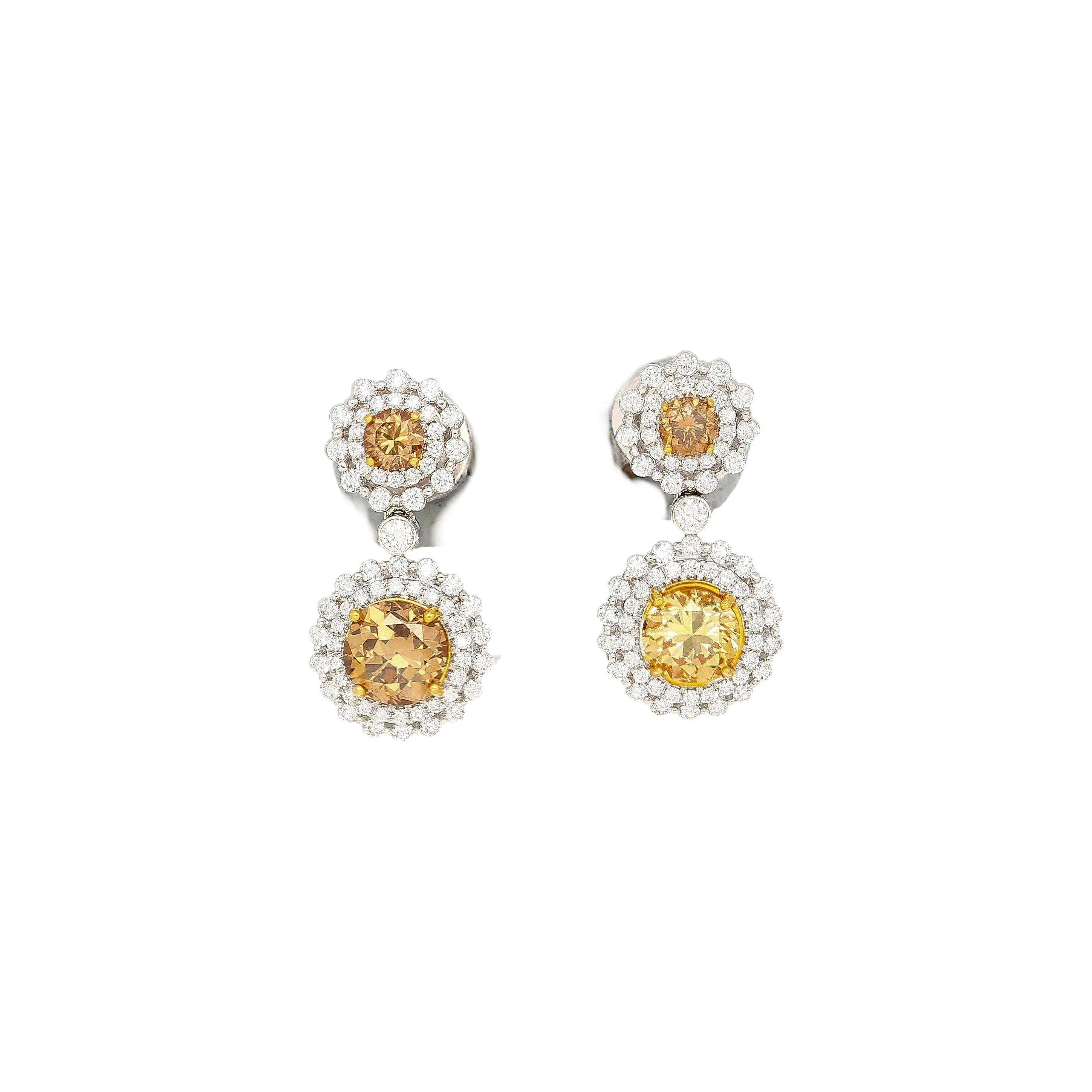 GIA Certified 3.96 Carat Round Fancy Brown To Yellow Diamond Drop Earrings - Image 4