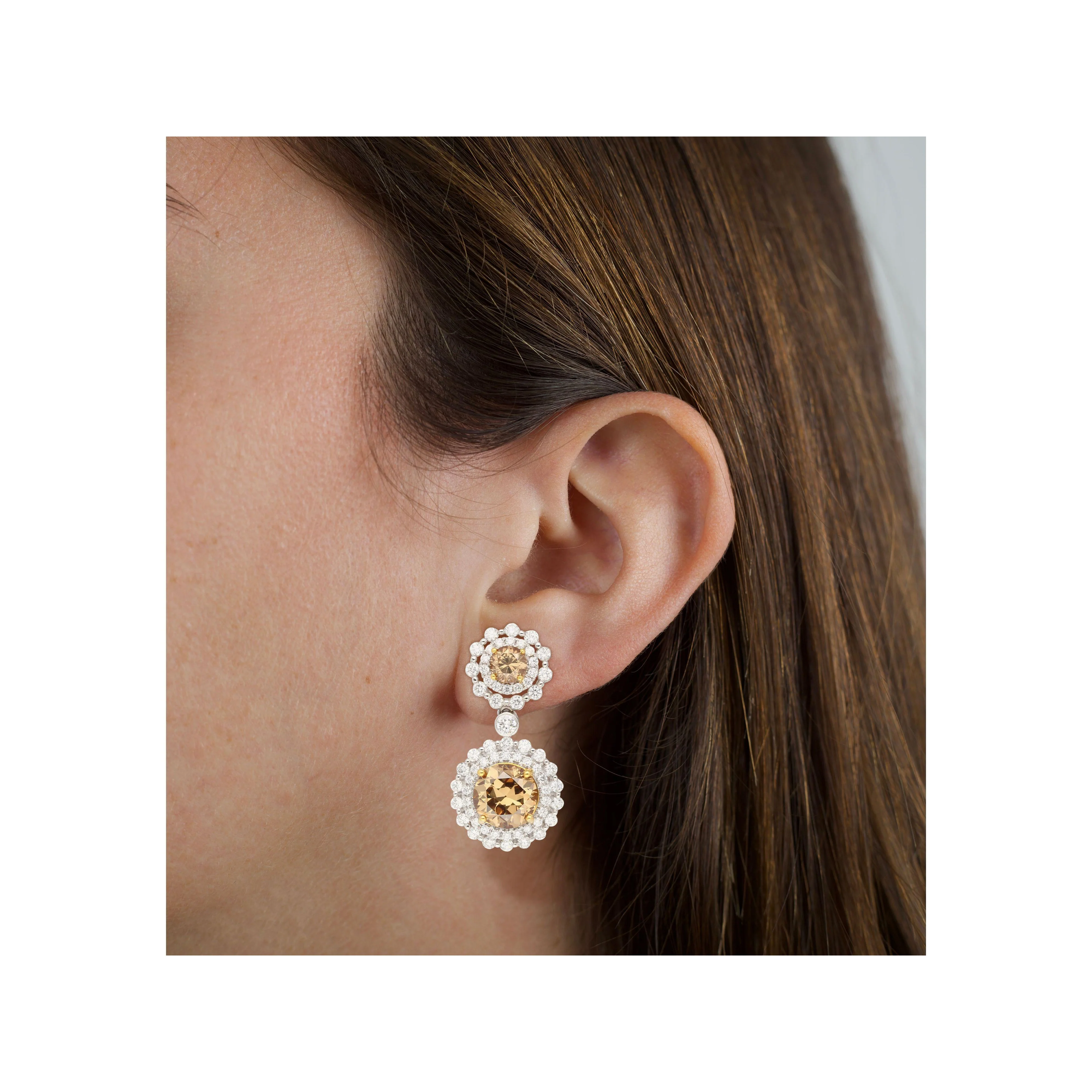 GIA Certified 3.96 Carat Round Fancy Brown To Yellow Diamond Drop Earrings - Image 5