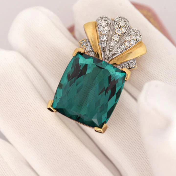 GIA Certified 35 Carat Indicolite Tourmaline & Diamond 18K Gold Pendant - Image 2