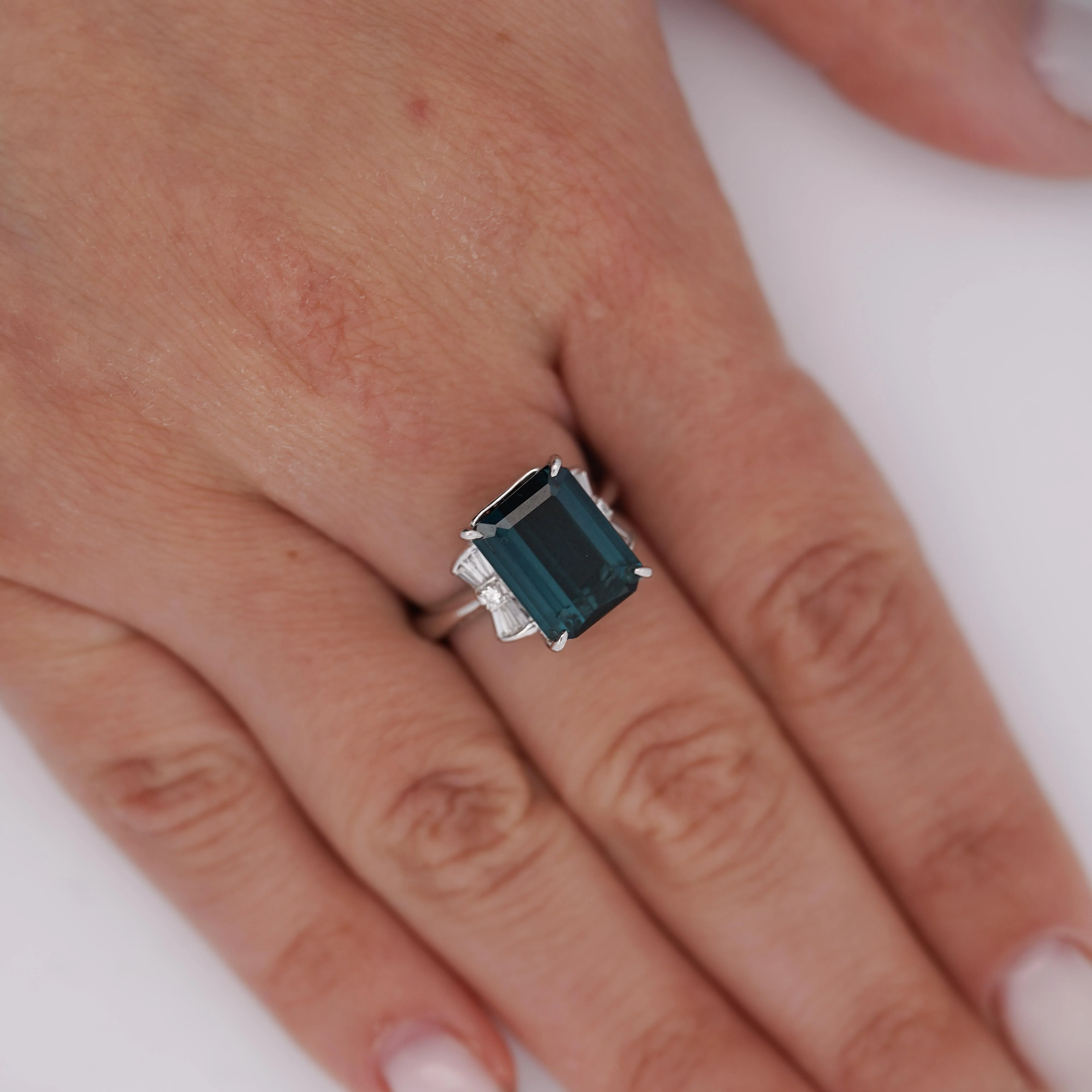 GIA Certified 4.58 Carat Emerald Cut Indicolite Tourmaline Diamond Platinum Ring - Image 6