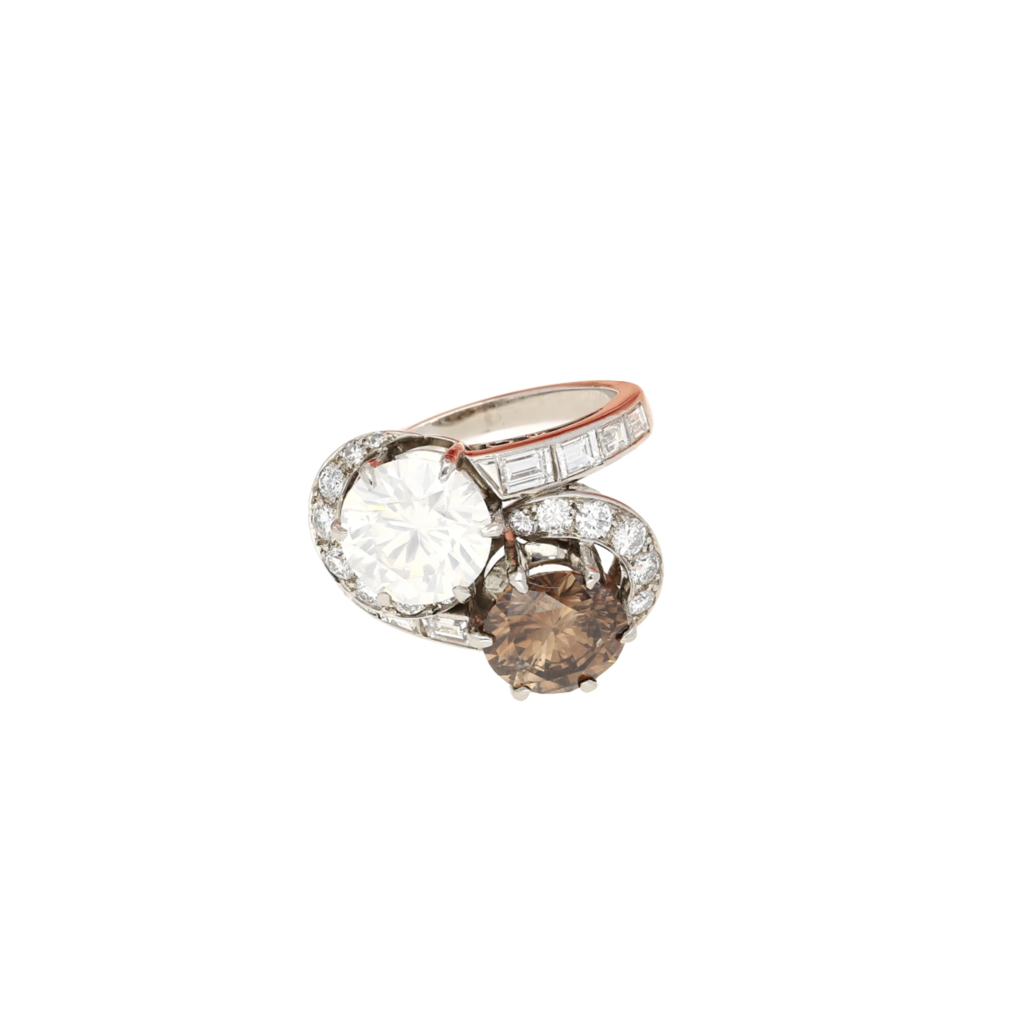 GIA Certified 4.75 Carat TW Fancy Brown and White Diamond Toi Et Moi Bypass Ring in Platinum - Image 4
