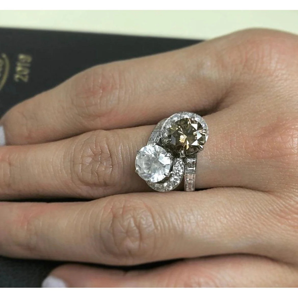 GIA Certified 4.75 Carat TW Fancy Brown and White Diamond Toi Et Moi Bypass Ring in Platinum - Image 7