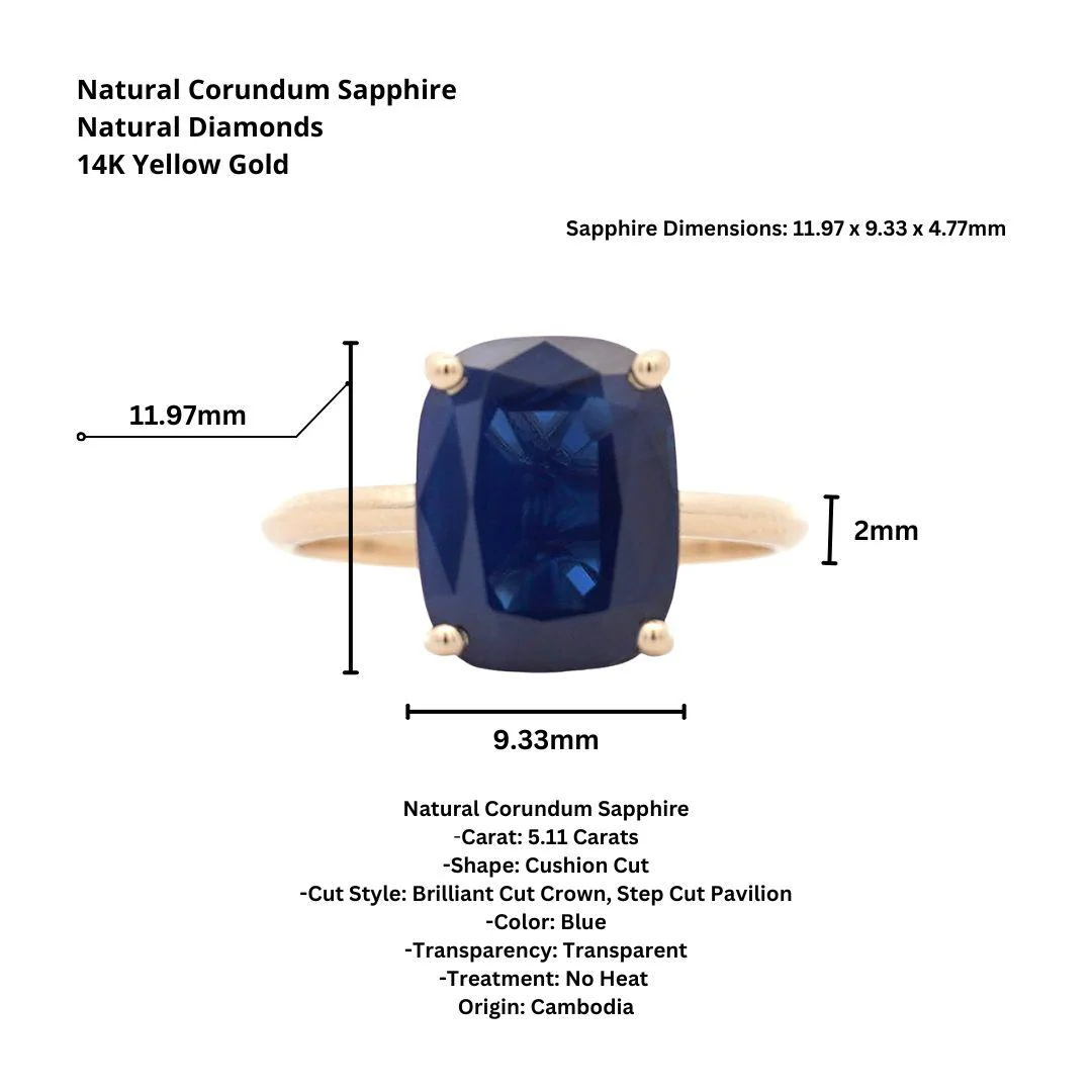GIA Certified 5.11 Carat Cushion Blue Sapphire 14K Yellow Gold Solitaire Ring - Image 10
