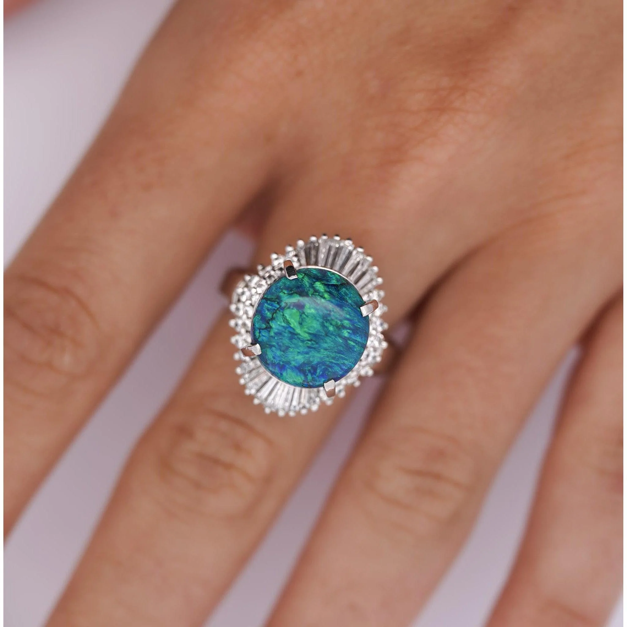 GIA Certified 5.38 Carat Black Opal and Diamond Ballerina Vintage Platinum Ring - Image 10