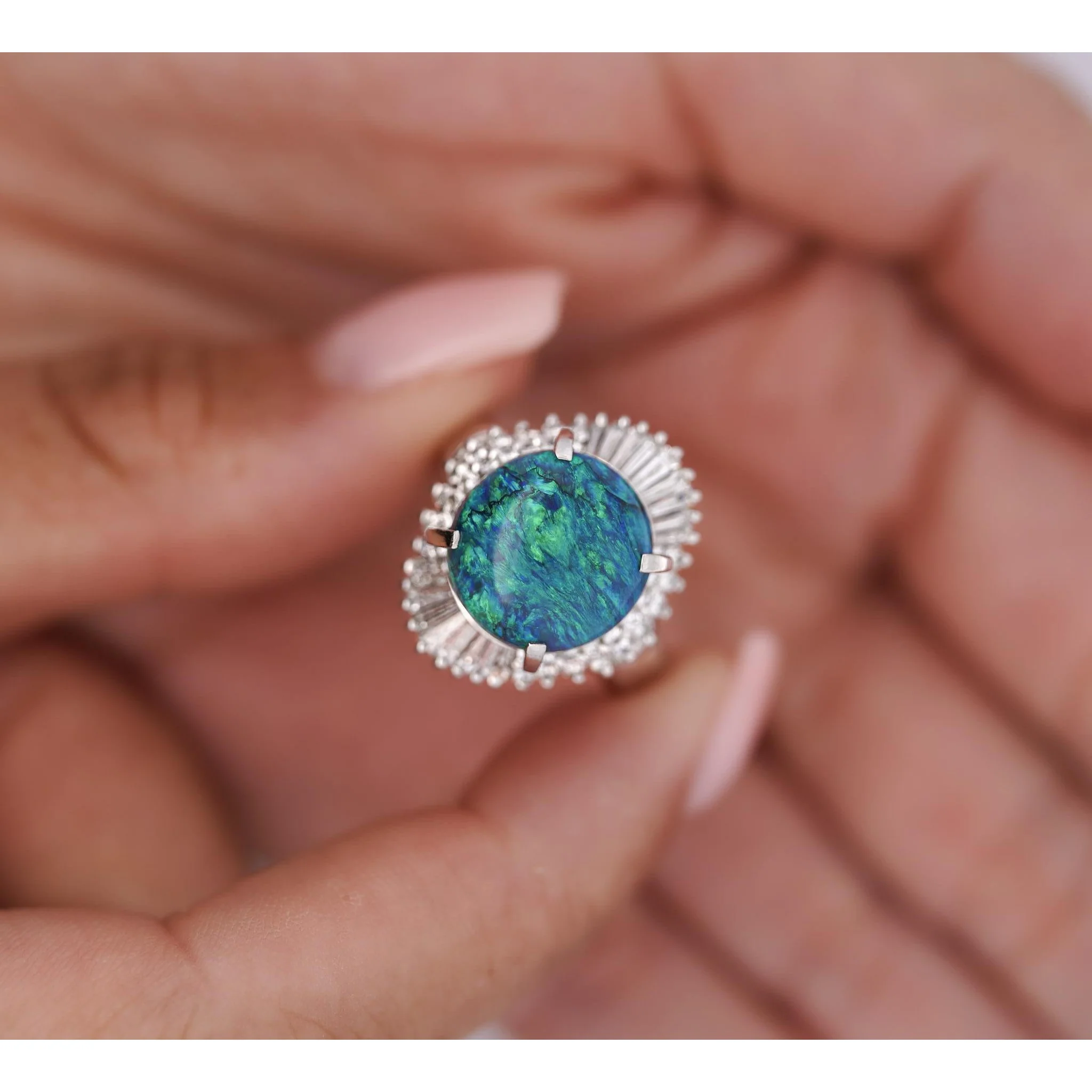 GIA Certified 5.38 Carat Black Opal and Diamond Ballerina Vintage Platinum Ring - Image 2