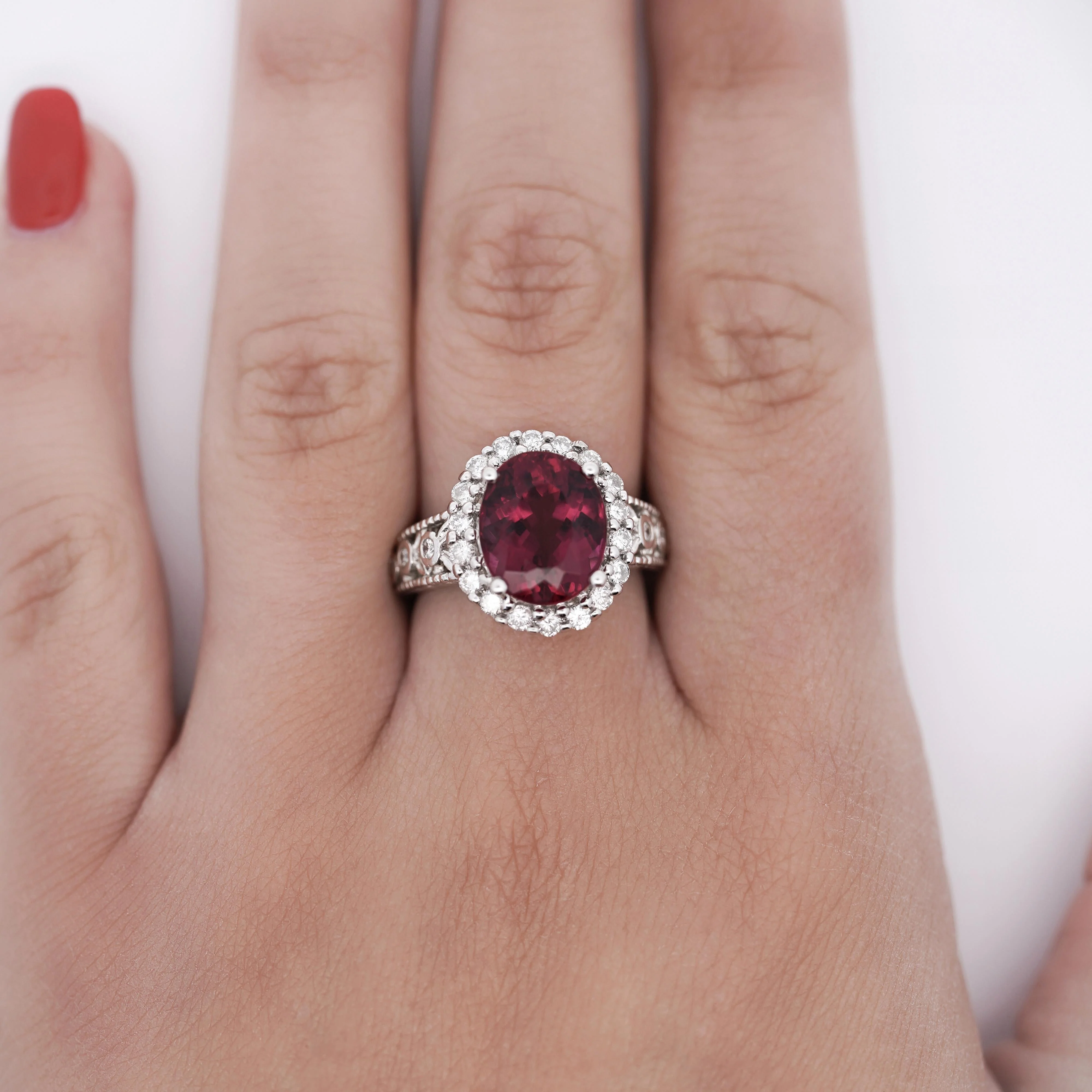 GIA Cert. 5.52 Carat Rubellite and Diamond Halo Filigree Ring - Image 2