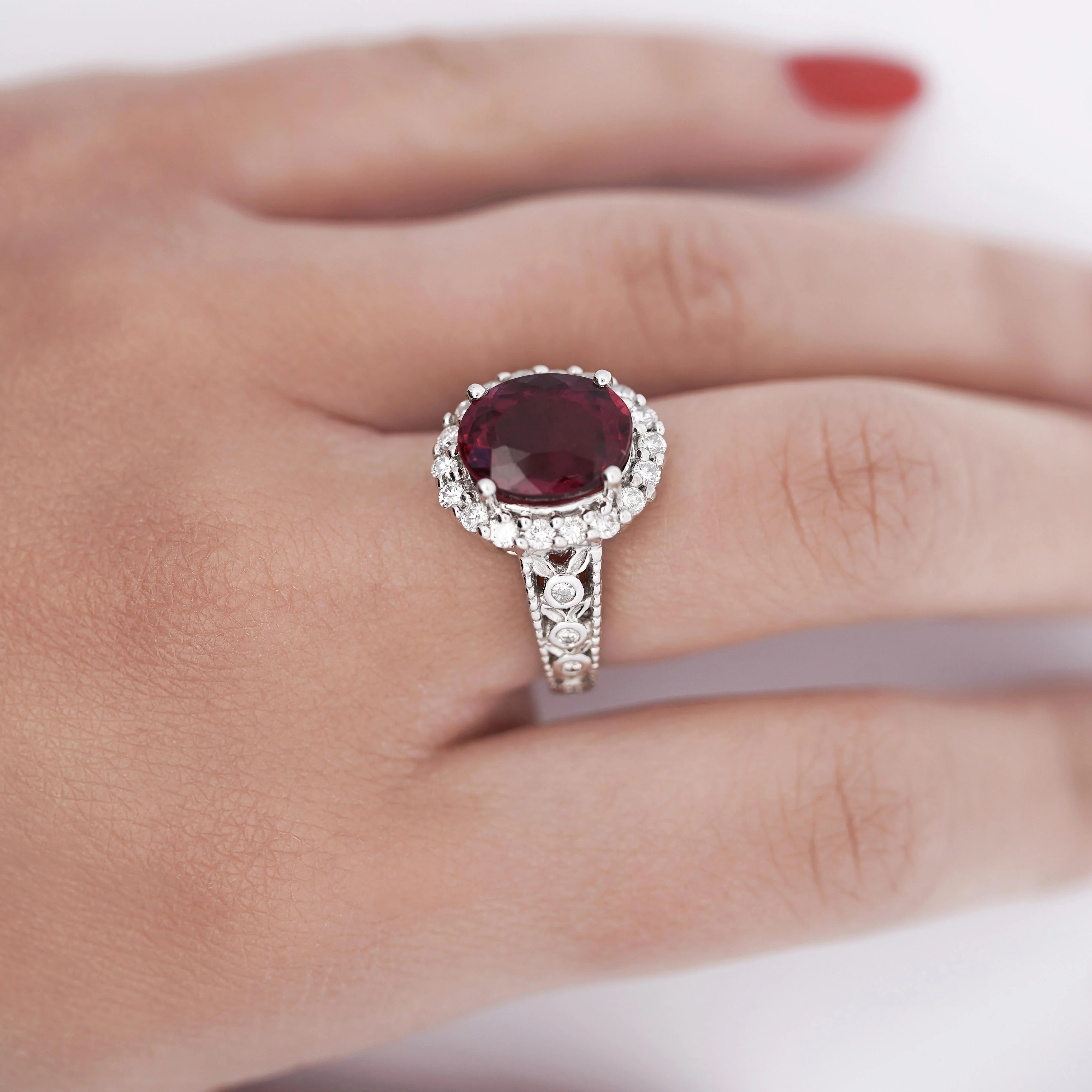 GIA Cert. 5.52 Carat Rubellite and Diamond Halo Filigree Ring - Image 3