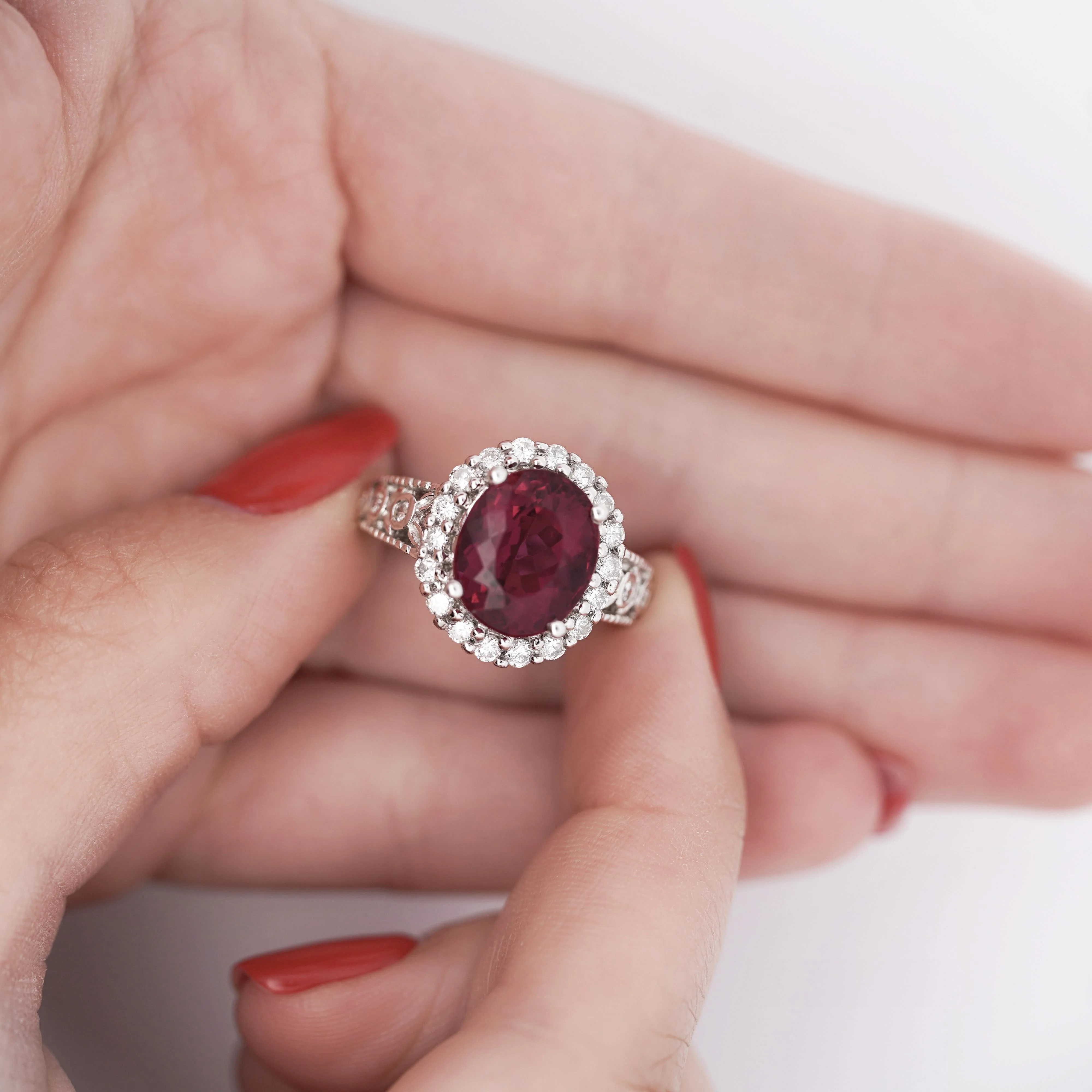 GIA Cert. 5.52 Carat Rubellite and Diamond Halo Filigree Ring - Image 5