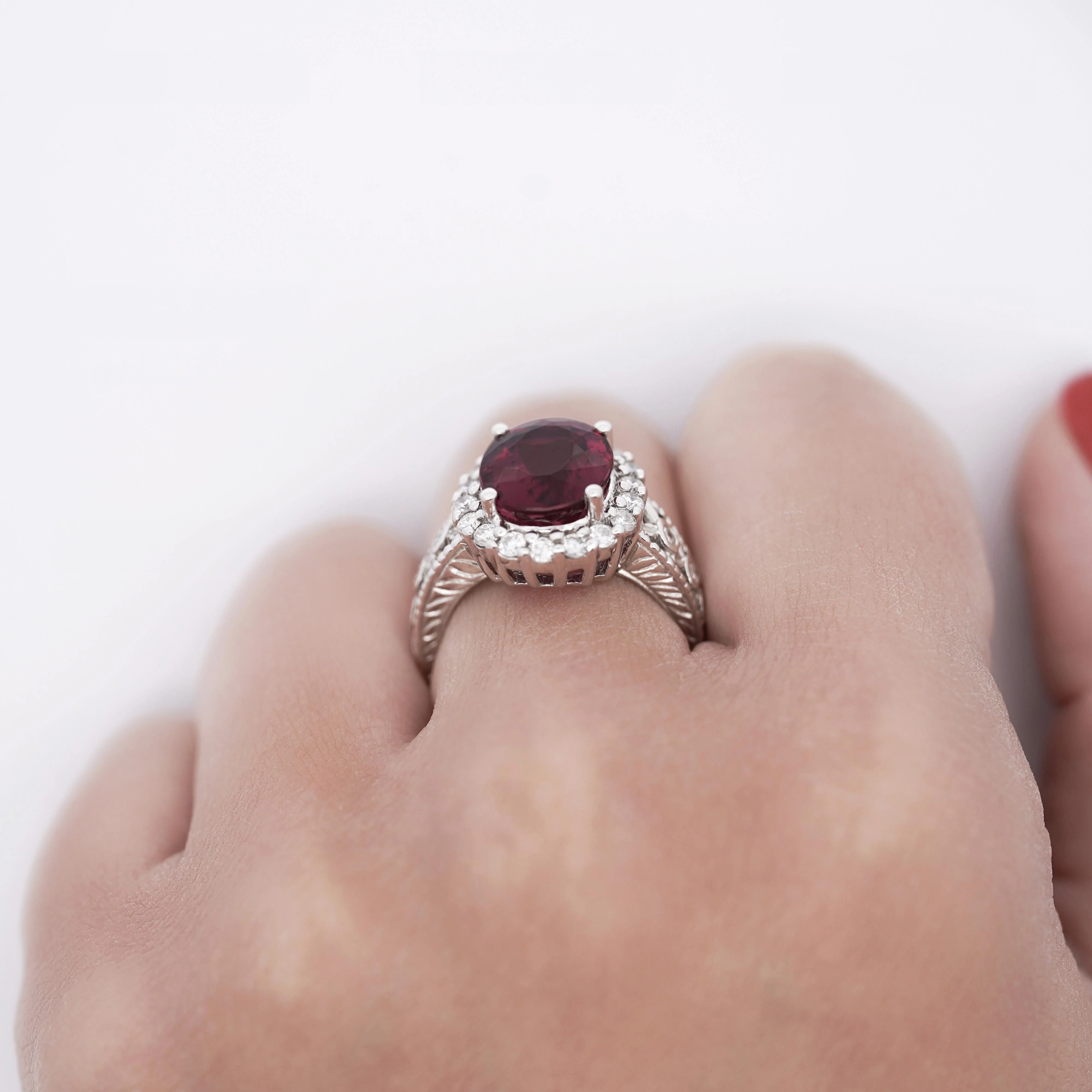 GIA Cert. 5.52 Carat Rubellite and Diamond Halo Filigree Ring - Image 6
