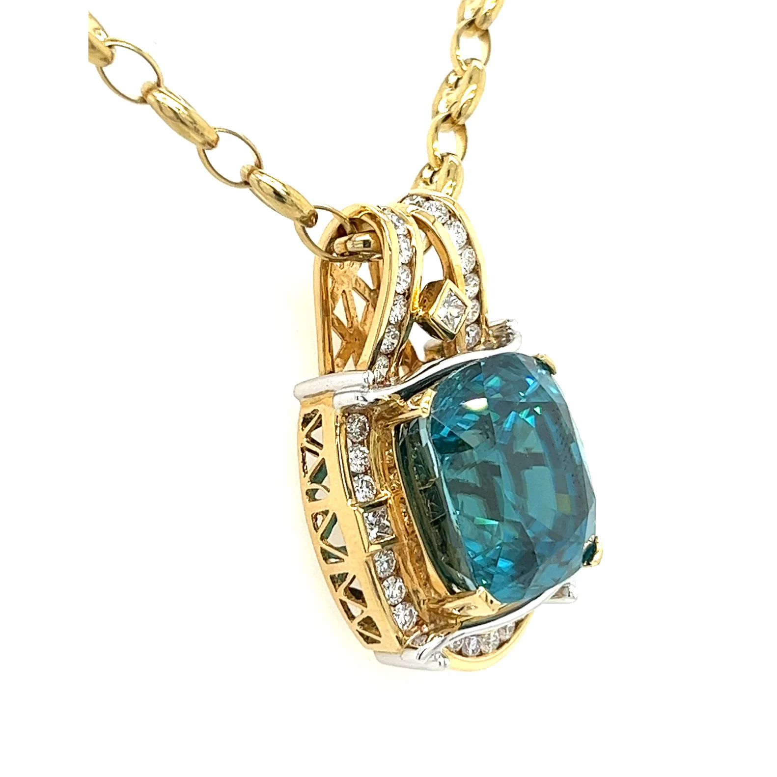 Rare GIA Certified 50 Carat Greenish Blue Zircon Pendant Necklace with Diamonds in Platinum & 18K Yellow Gold - Image 10