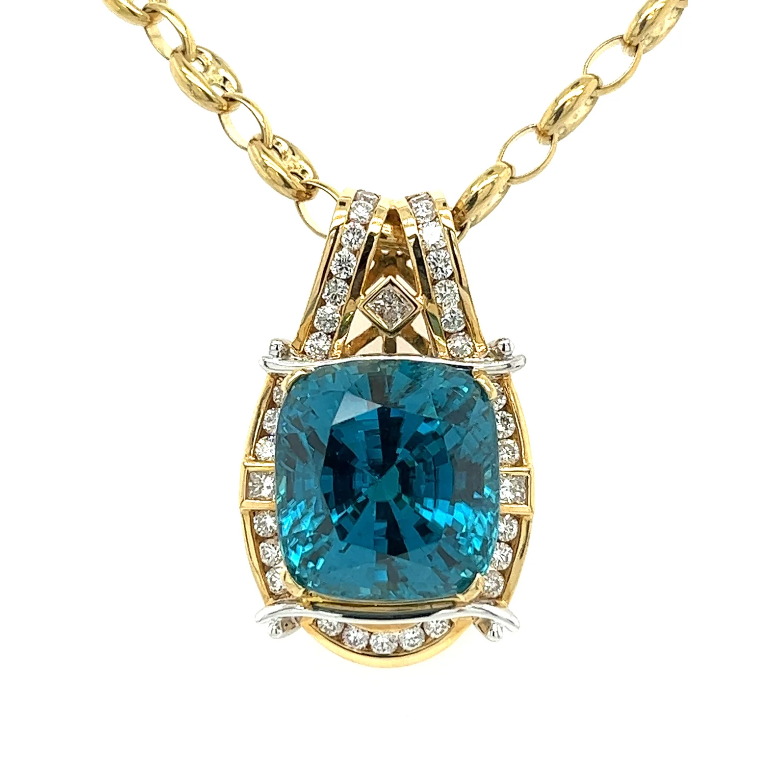 Rare GIA Certified 50 Carat Greenish Blue Zircon Pendant Necklace with Diamonds in Platinum & 18K Yellow Gold - Image 5