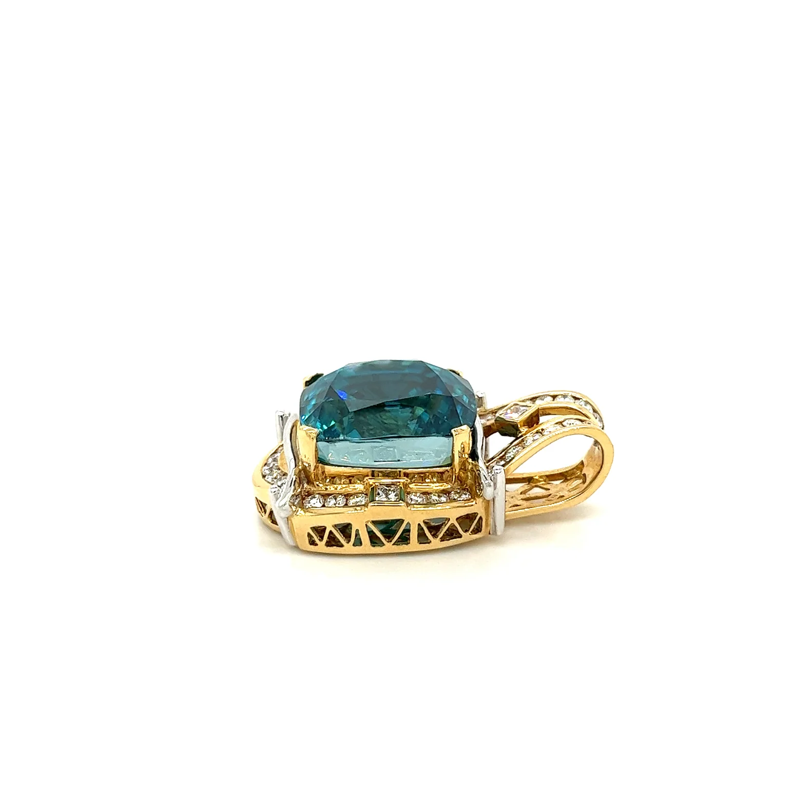Rare GIA Certified 50 Carat Greenish Blue Zircon Pendant Necklace with Diamonds in Platinum & 18K Yellow Gold - Image 7