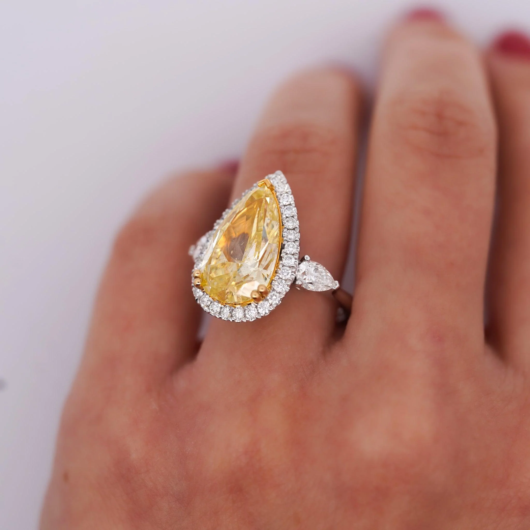 GIA Certified 6.06 Carat Fancy Intense Yellow Pear Cut Diamond 18K Ring - Image 4