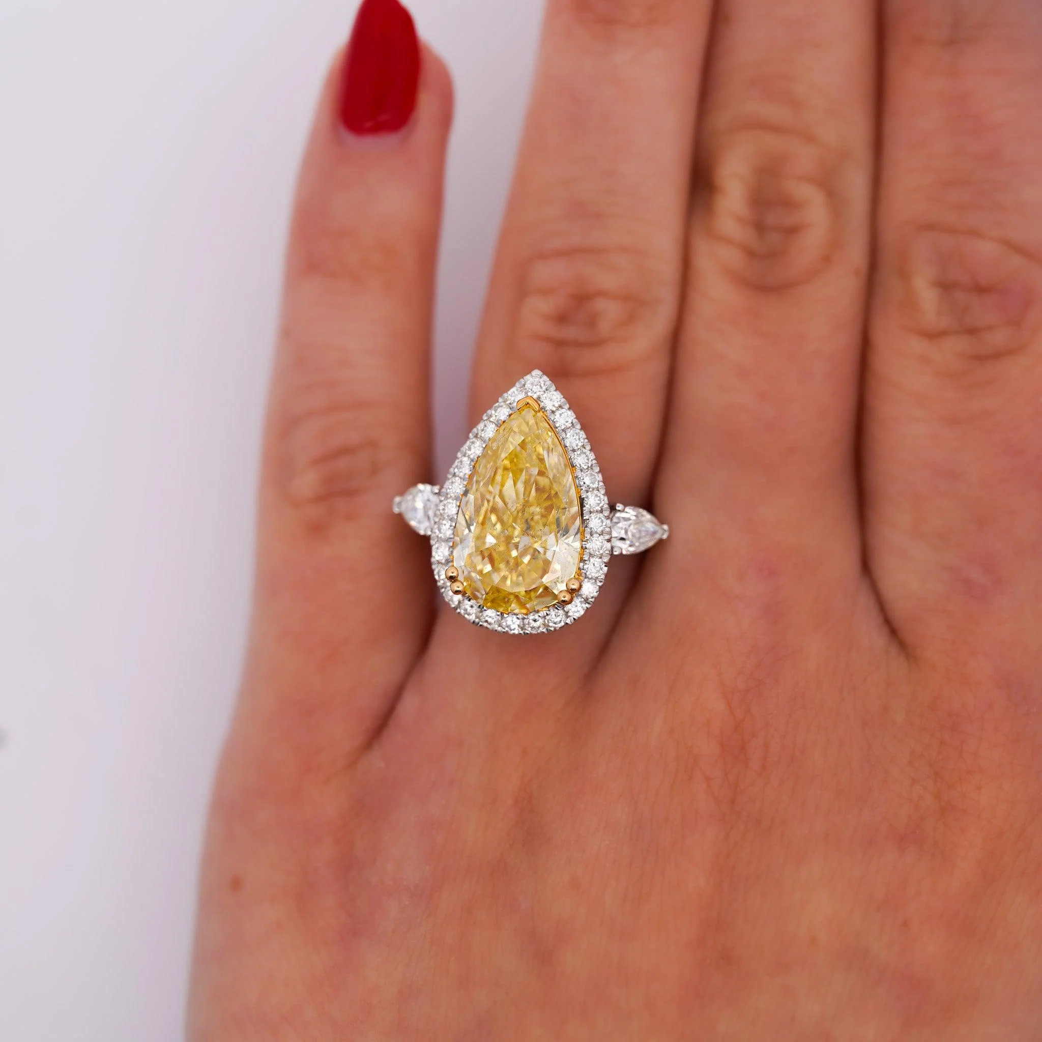 GIA Certified 6.06 Carat Fancy Intense Yellow Pear Cut Diamond 18K Ring - Image 5