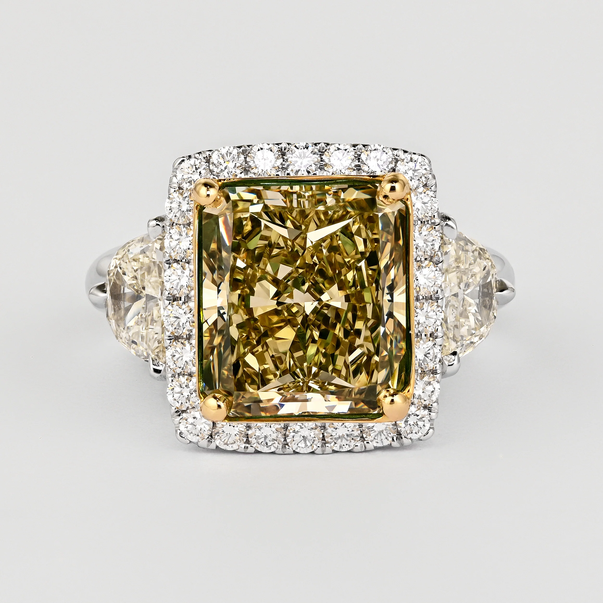 GIA Certified 6.07 Carat Radiant Cut Fancy Brownish Greenish Yellow Diamond Ring