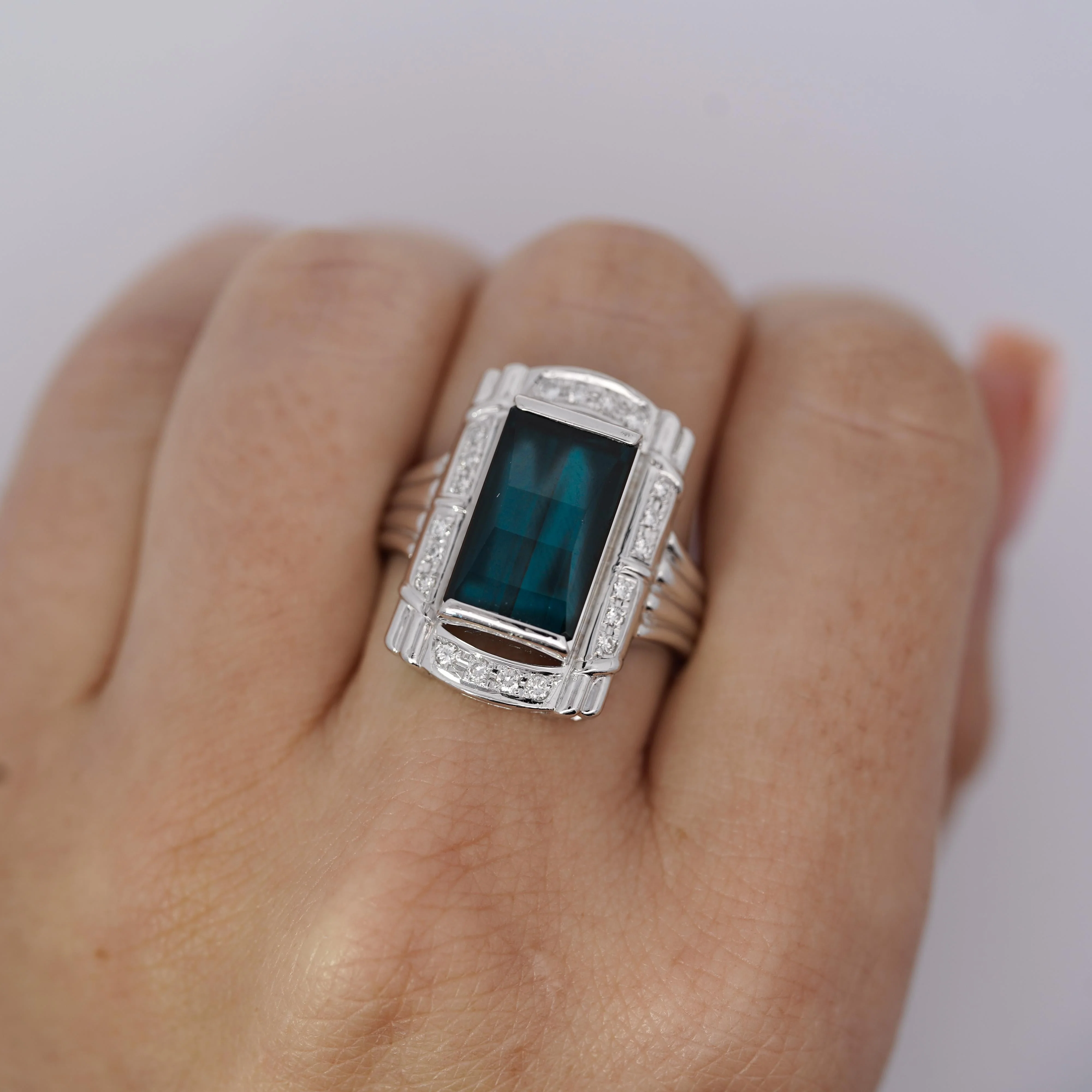 GIA Certified 6.40 Carat Blue Indicolite Tourmaline Vintage Retro Platinum Ring - Image 3