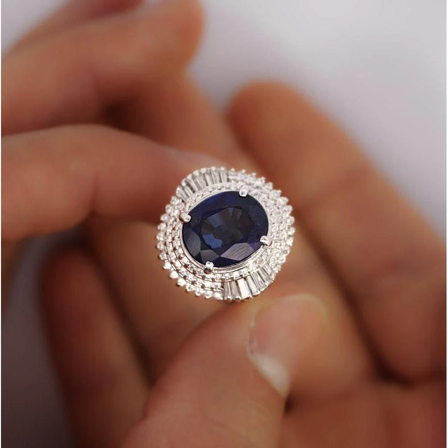 GIA Certified 6.75 Carat Oval Blue Sapphire and Diamond Ballerina Ring - Image 2