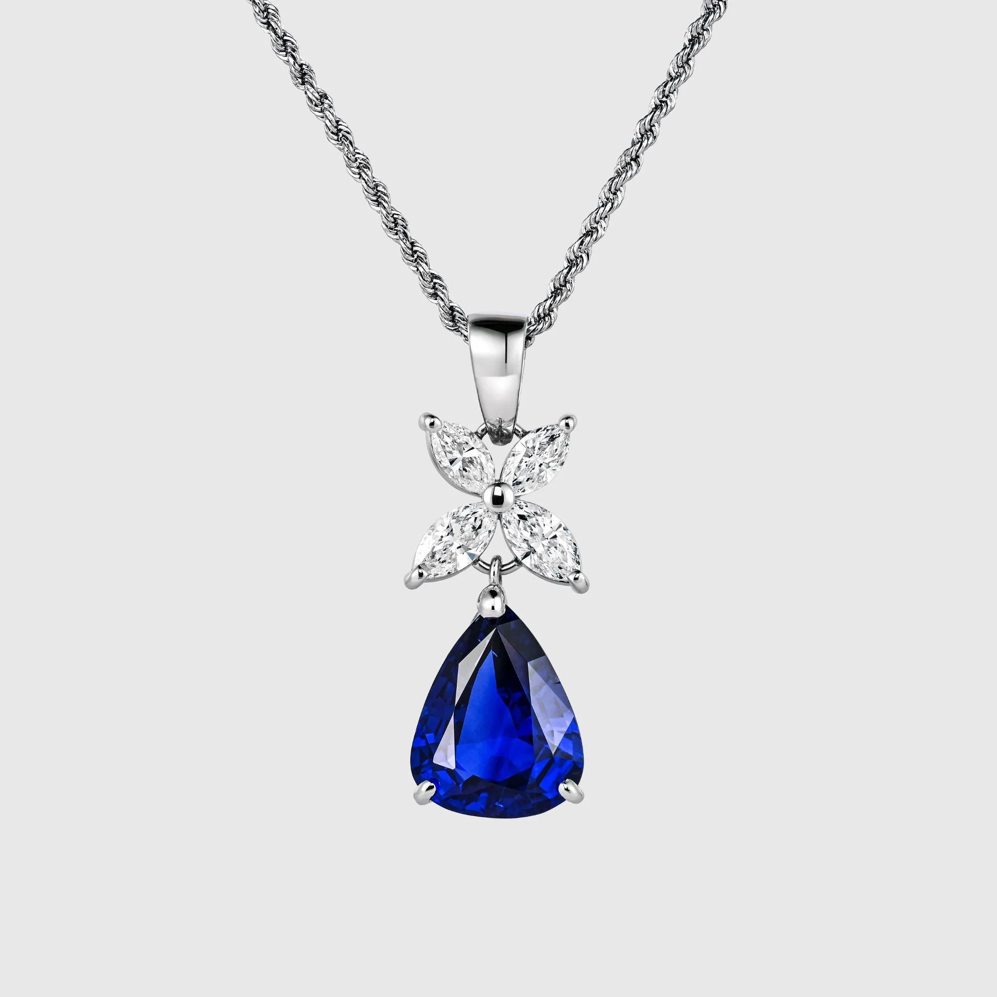GIA Certified 6.82 Carat Pear Cut No Heat Blue Sapphire Drop Pendant Necklace