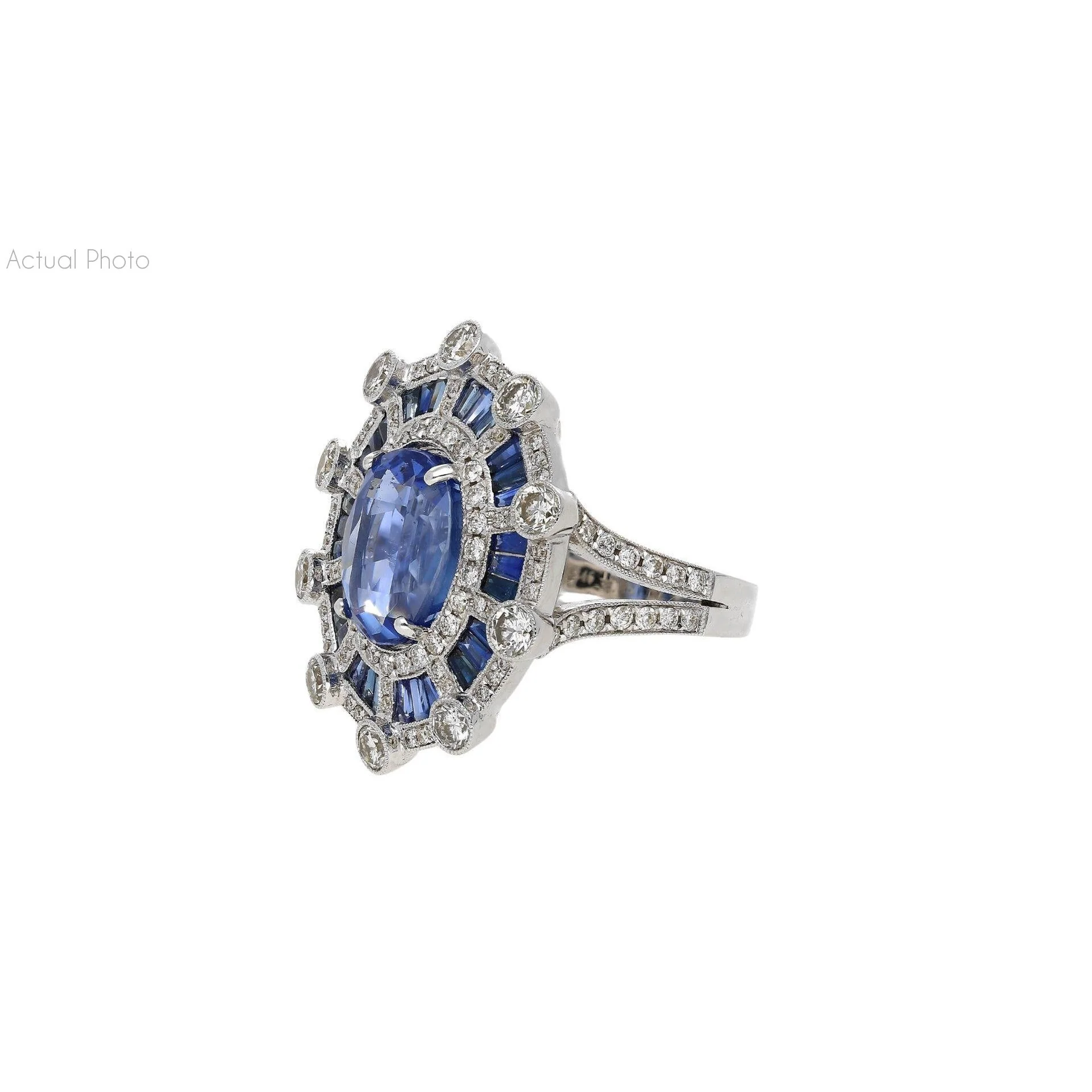 GIA Certified 8.46 Carat No Heat Blue Sapphire & Diamond Art Deco Style Ring - Image 3