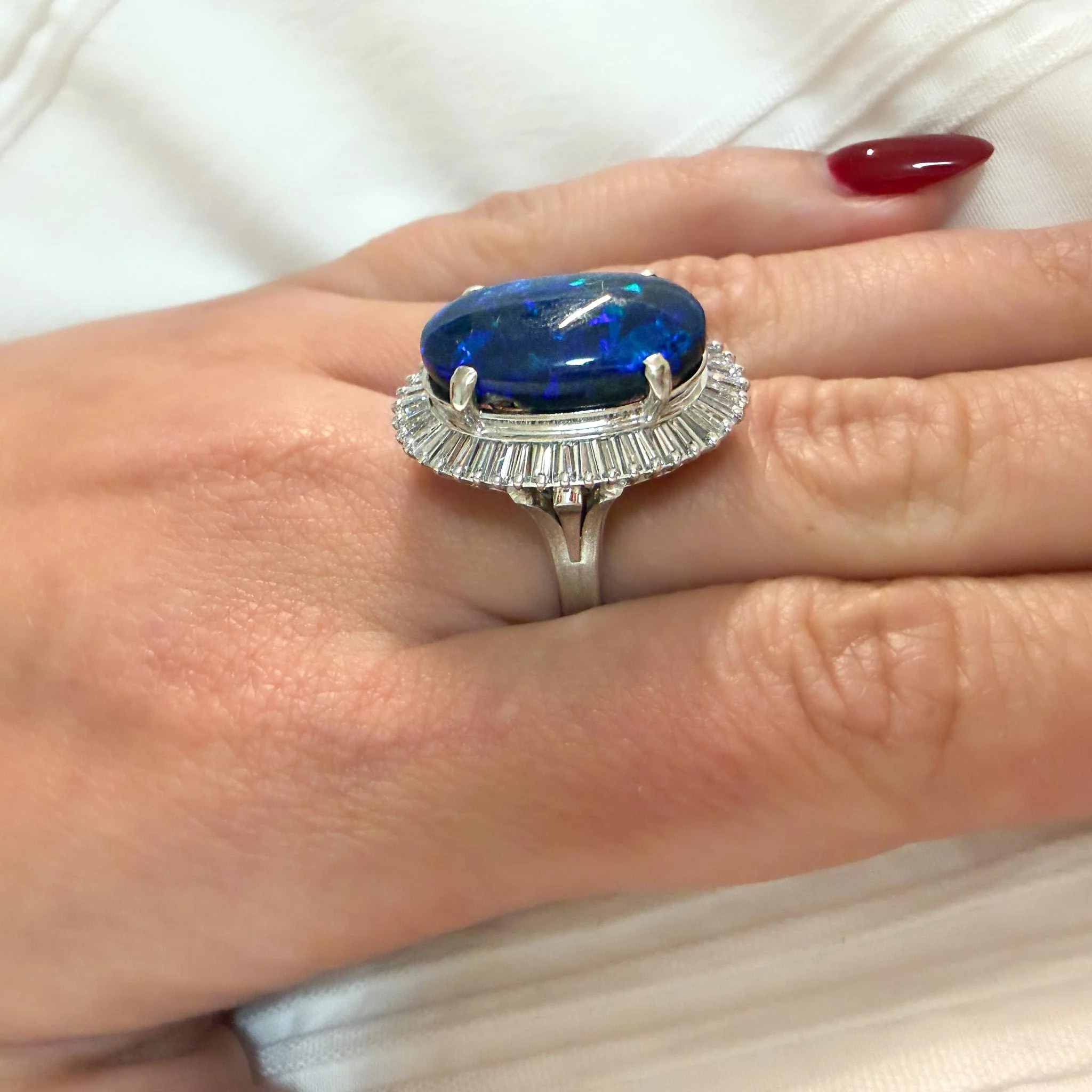 GIA Certified 8.69 Carat Cabochon Black Opal & Diamond in Platinum Cocktail Ring - Image 12