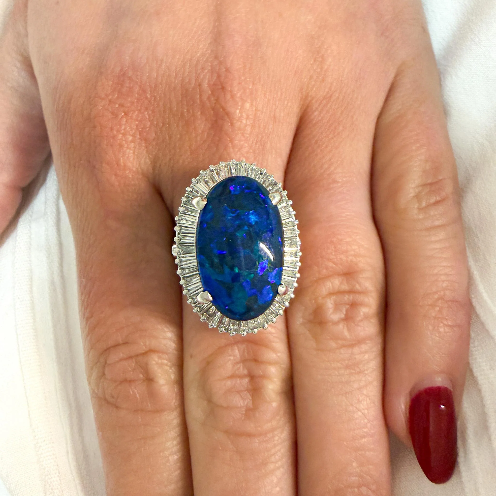 GIA Certified 8.69 Carat Cabochon Black Opal & Diamond in Platinum Cocktail Ring - Image 9