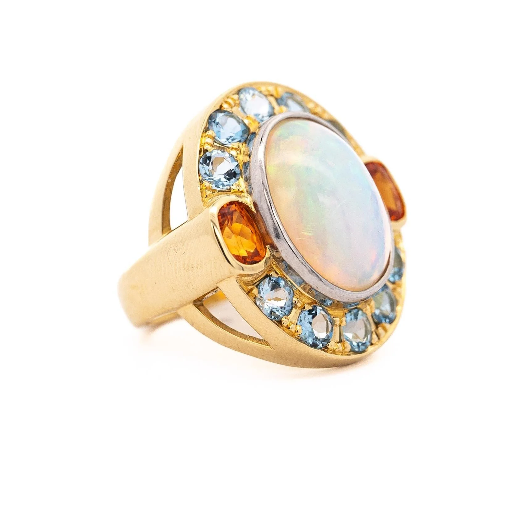 GIA Certified 8 Carat White Opal With Orange Garnet & Aquamarine Halo Ring - Image 3