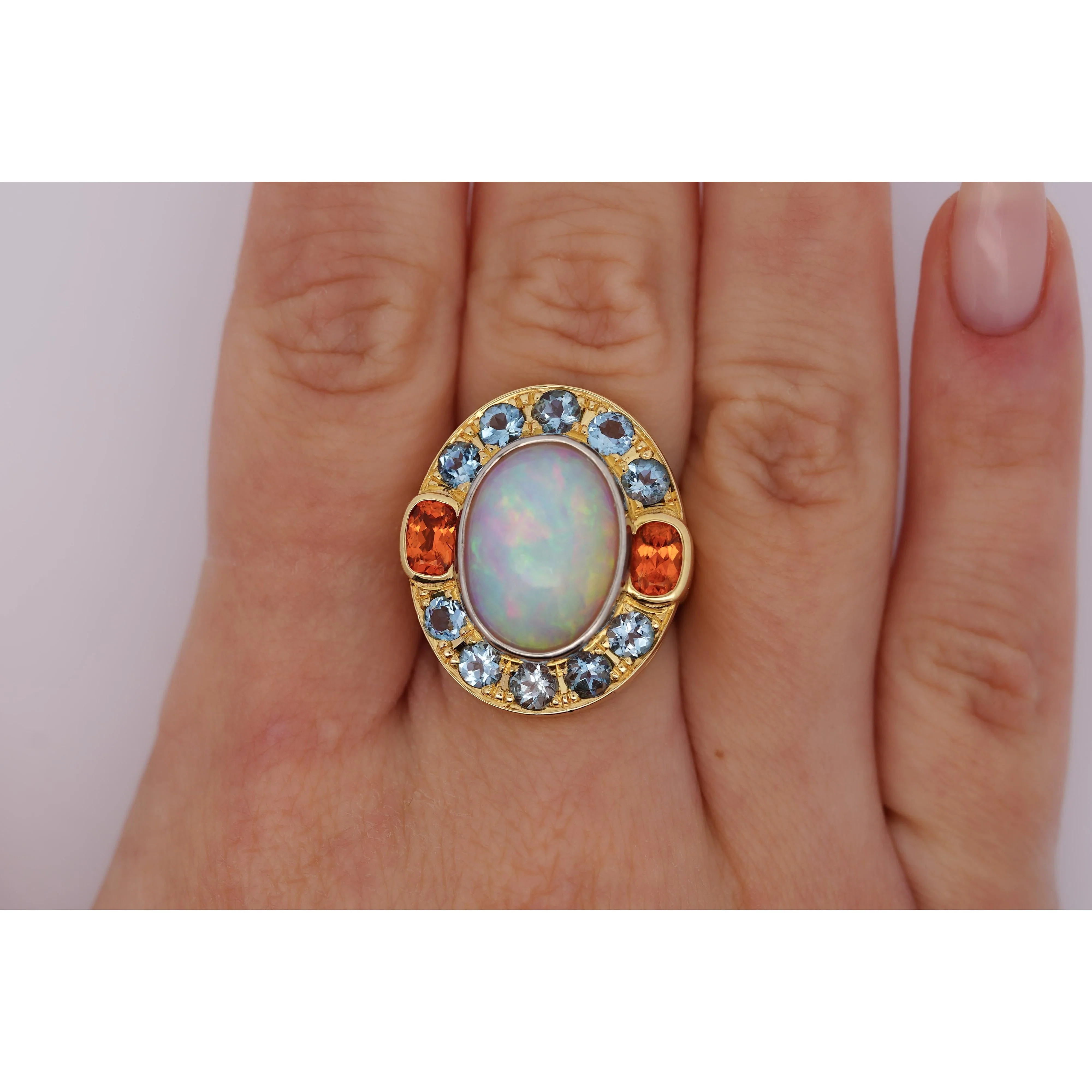 GIA Certified 8 Carat White Opal With Orange Garnet & Aquamarine Halo Ring - Image 8