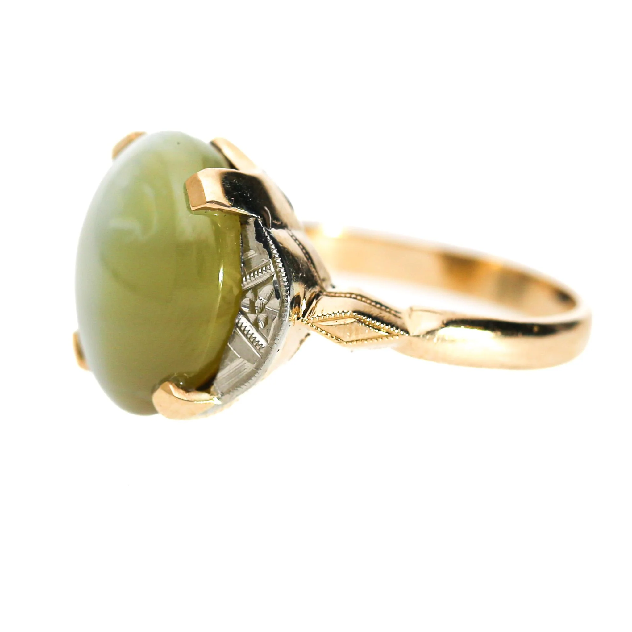 GIA Certified 9.46 Carat Green Cats Eye Chrysoberyl 14K Gold Art Deco Ring - Image 2