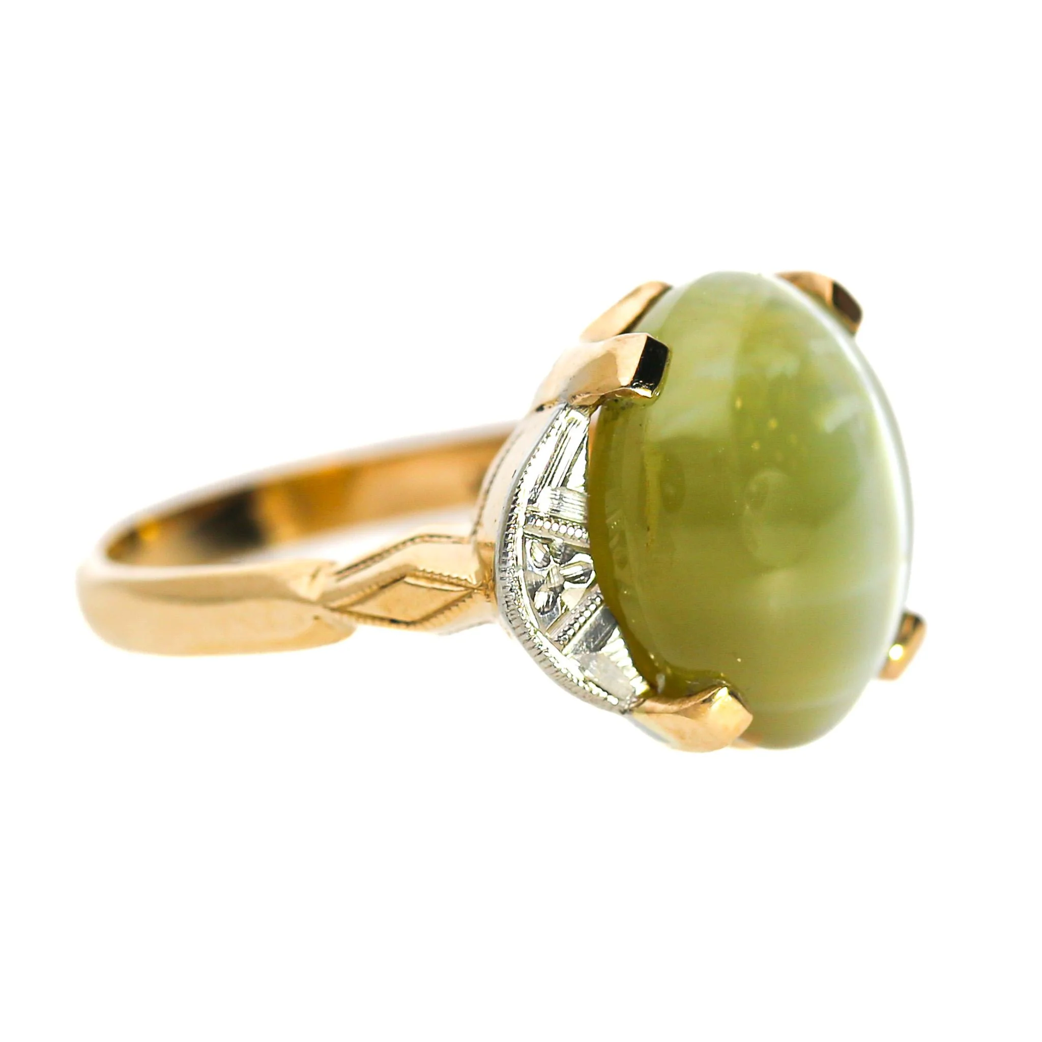 GIA Certified 9.46 Carat Green Cats Eye Chrysoberyl 14K Gold Art Deco Ring - Image 3