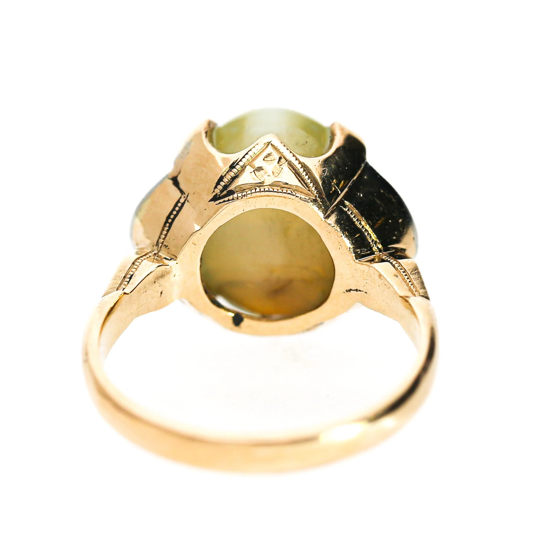 GIA Certified 9.46 Carat Green Cats Eye Chrysoberyl 14K Gold Art Deco Ring - Image 4