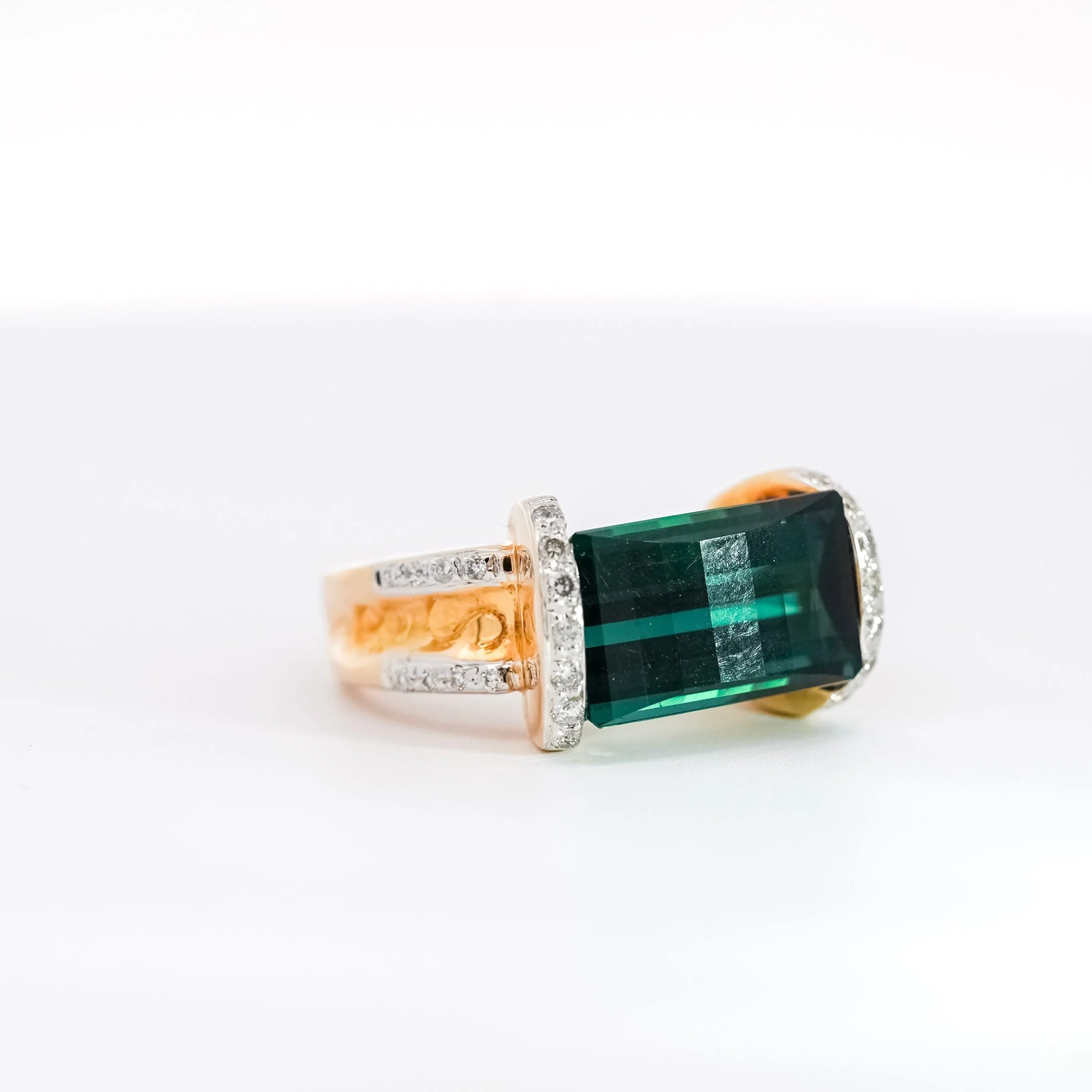 GIA Certified Blue-Green Rectangle Cut Tourmaline & Diamond Ring in 18K Carved Gold - Image 2