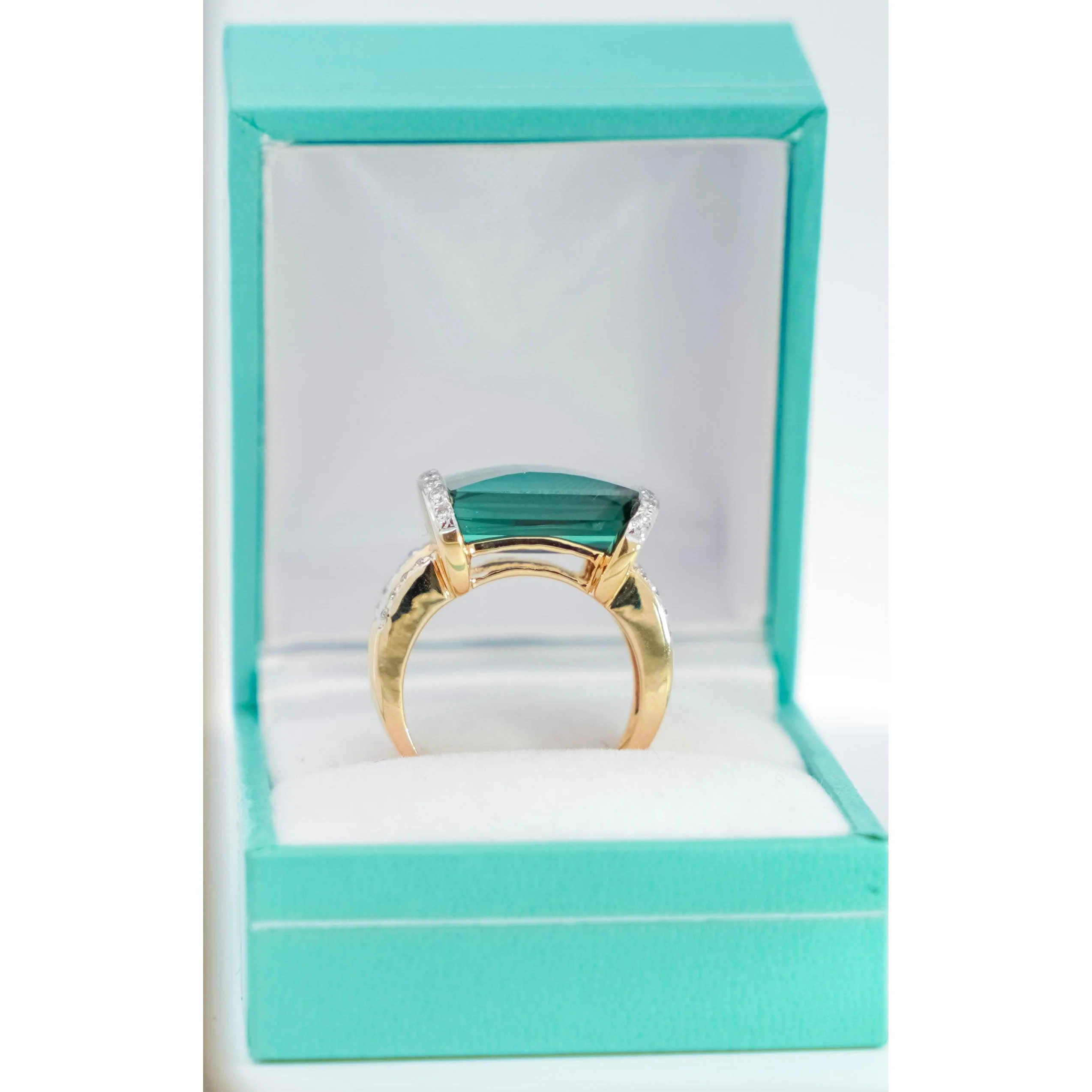 GIA Certified Blue-Green Rectangle Cut Tourmaline & Diamond Ring in 18K Carved Gold - Image 3