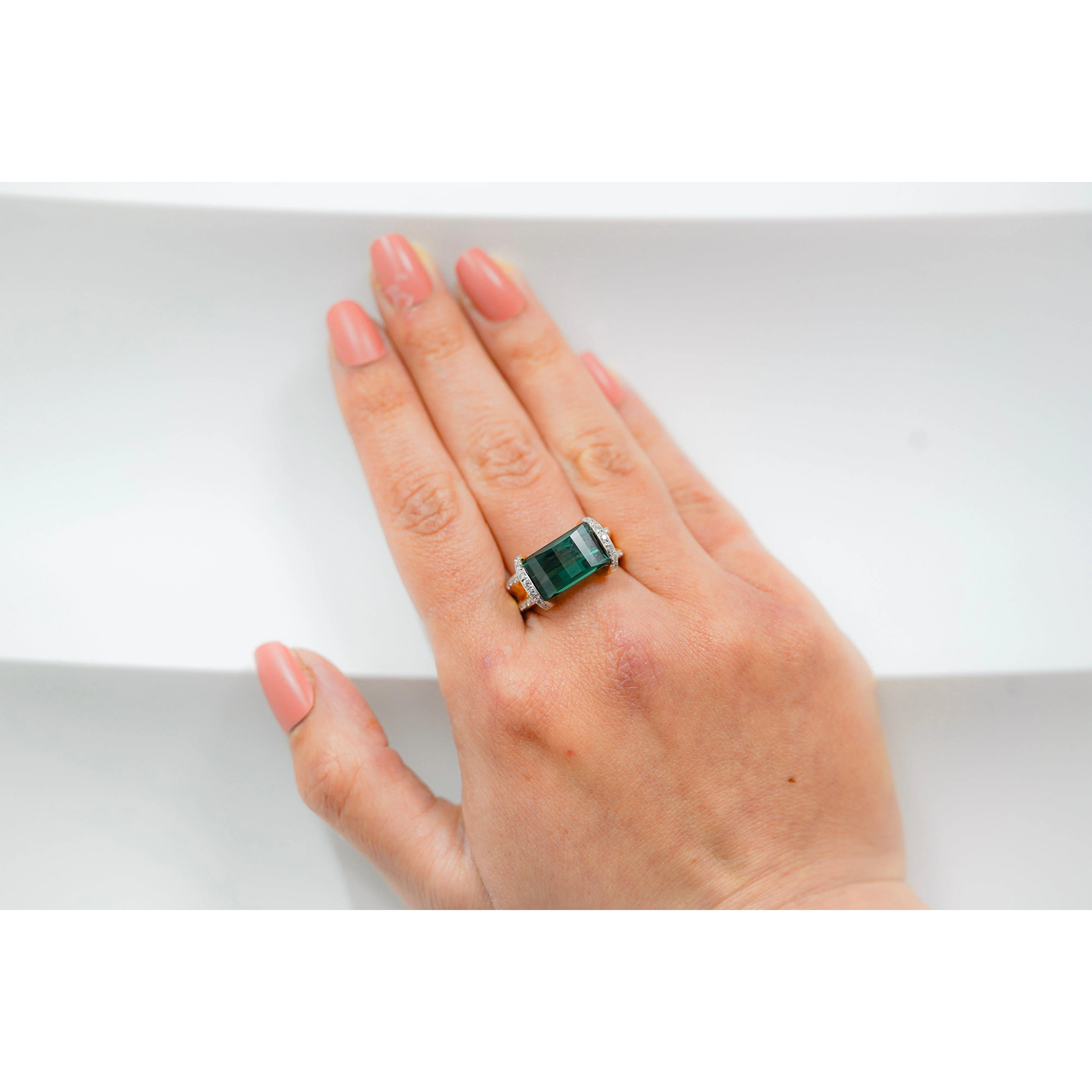 GIA Certified Blue-Green Rectangle Cut Tourmaline & Diamond Ring in 18K Carved Gold - Image 4