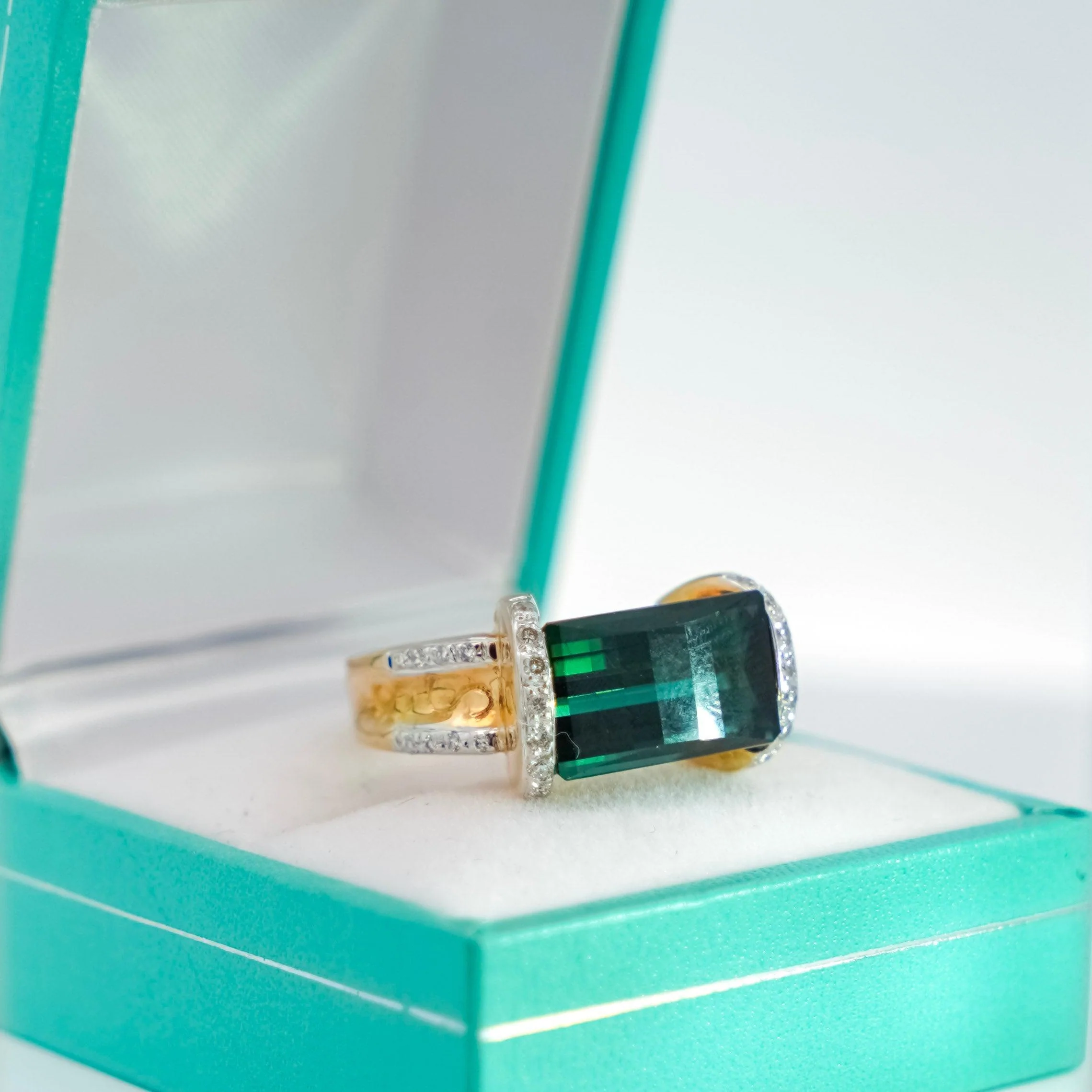 GIA Certified Blue-Green Rectangle Cut Tourmaline & Diamond Ring in 18K Carved Gold - Image 5