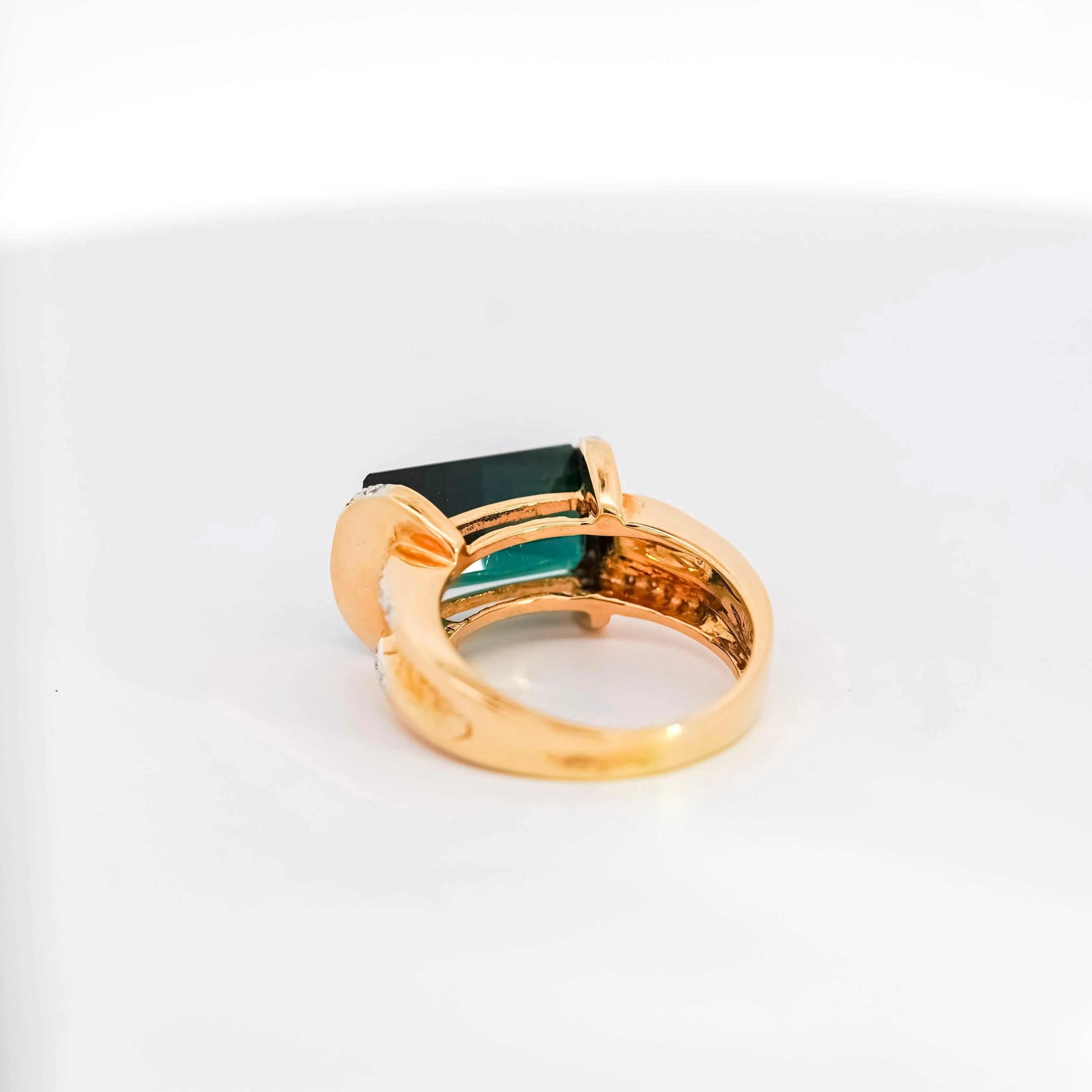 GIA Certified Blue-Green Rectangle Cut Tourmaline & Diamond Ring in 18K Carved Gold - Image 6