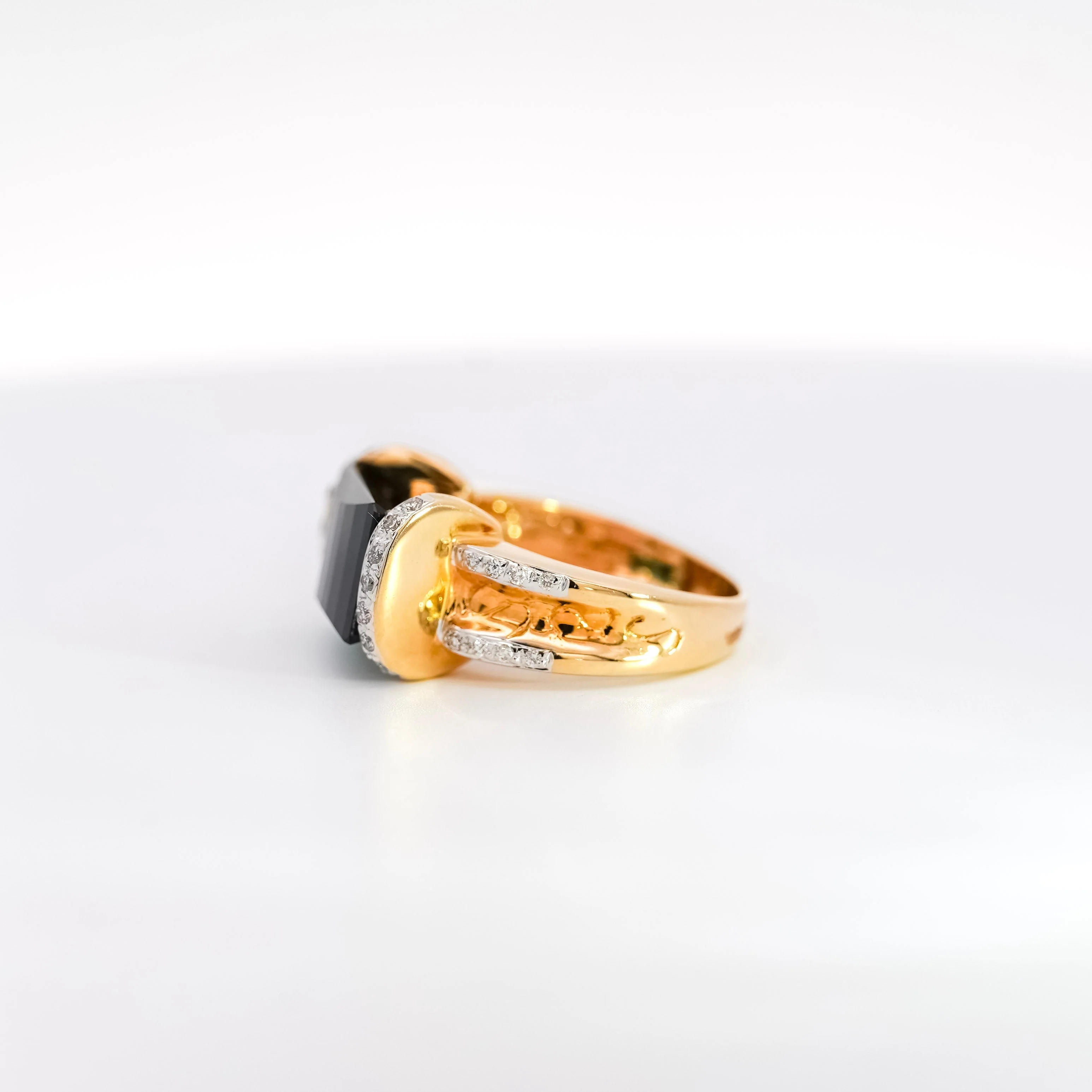 GIA Certified Blue-Green Rectangle Cut Tourmaline & Diamond Ring in 18K Carved Gold - Image 7