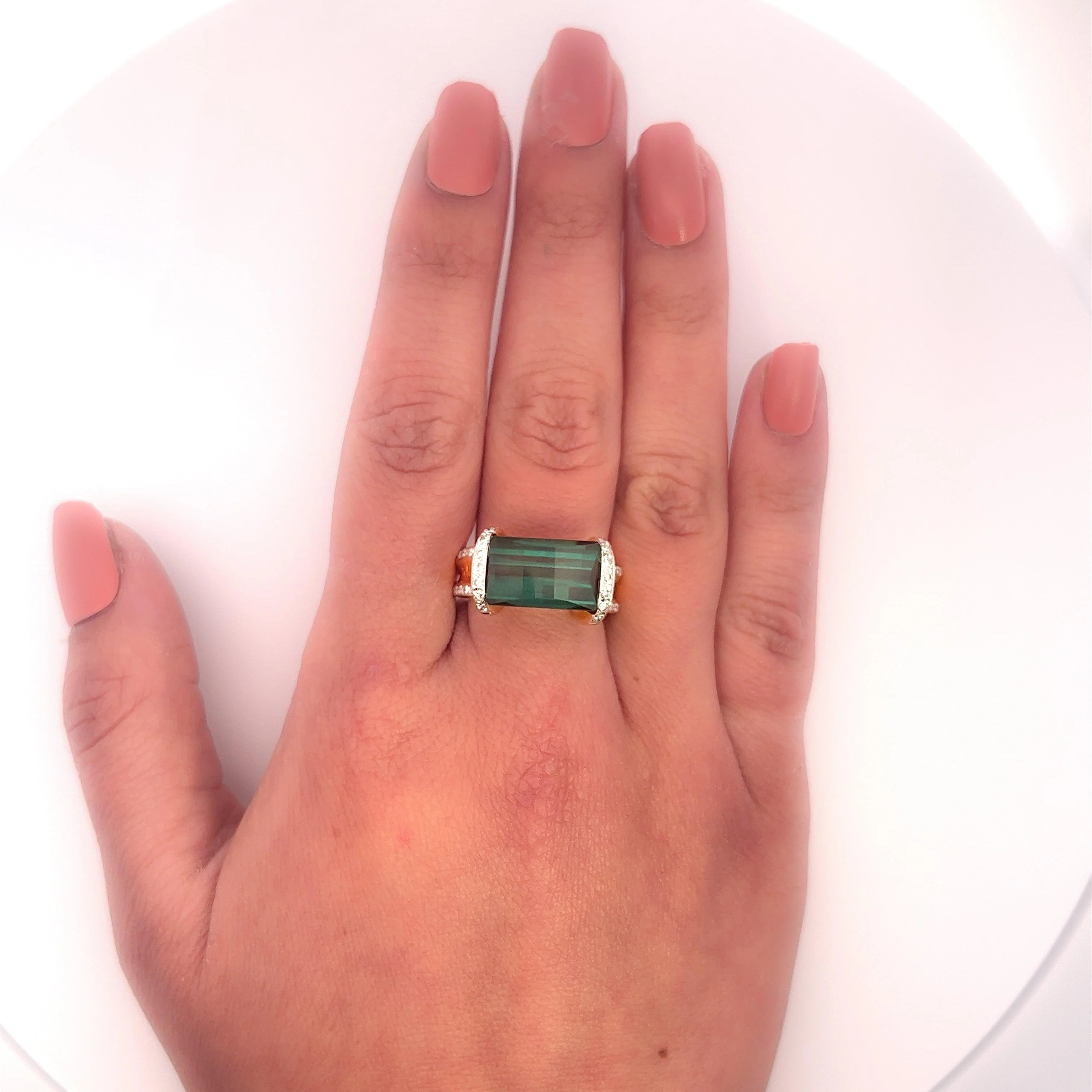 GIA Certified Blue-Green Rectangle Cut Tourmaline & Diamond Ring in 18K Carved Gold - Image 8