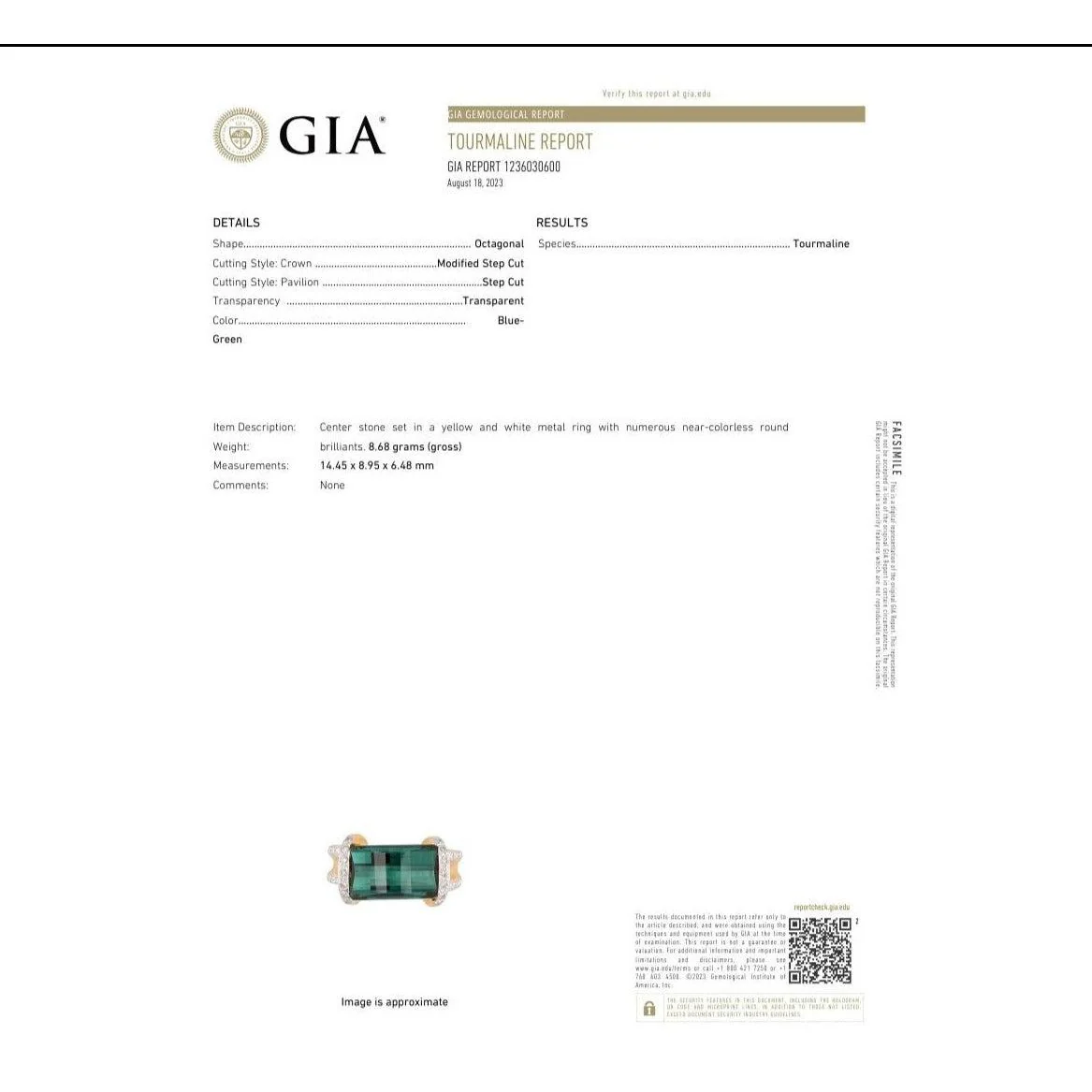 GIA Certified Blue-Green Rectangle Cut Tourmaline & Diamond Ring in 18K Carved Gold - Image 9