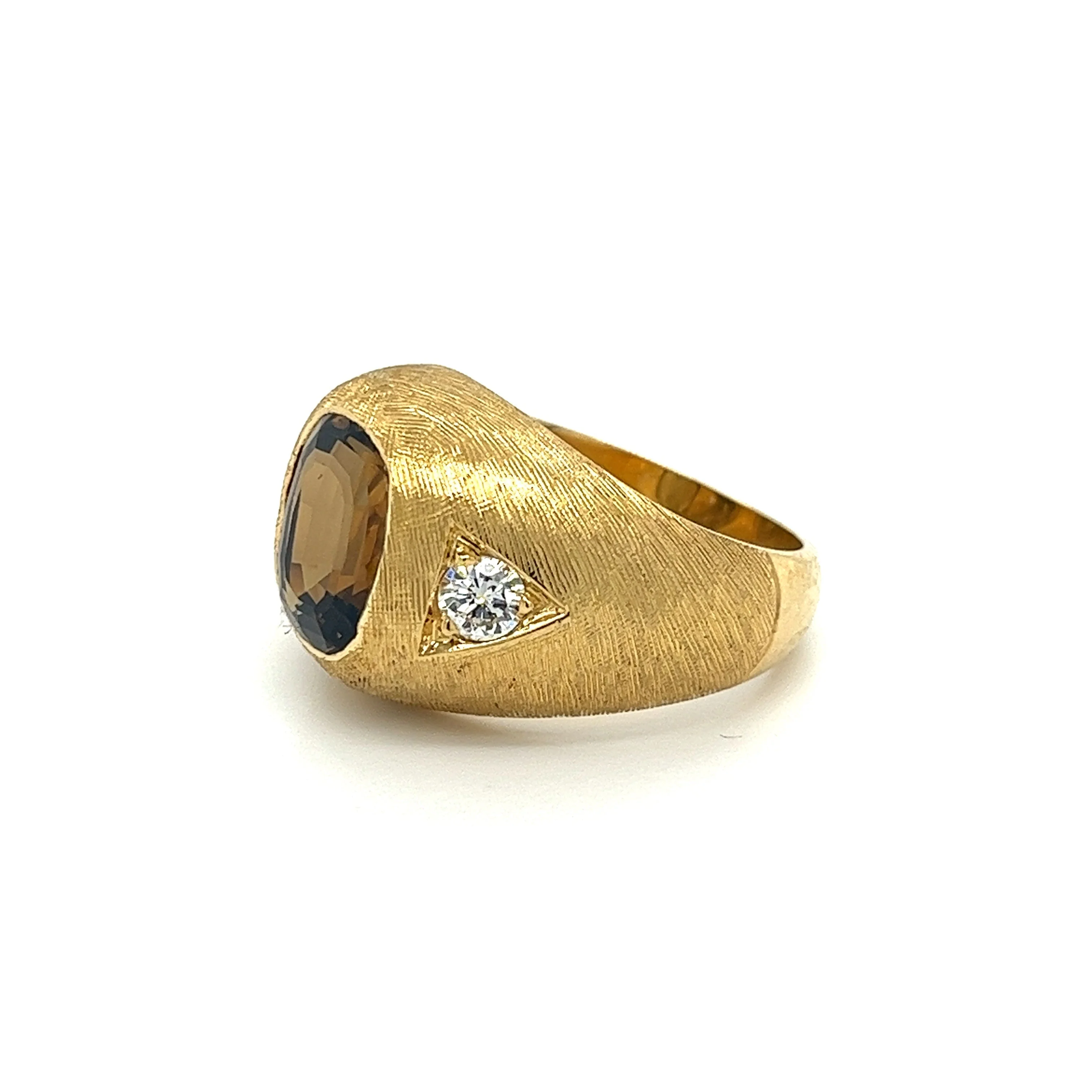 GIA Certified Cushion Cut Brown Chrysoberyl Mens Ring With Matte Textured Gold Finish and Diamond Side Stones - Image 2
