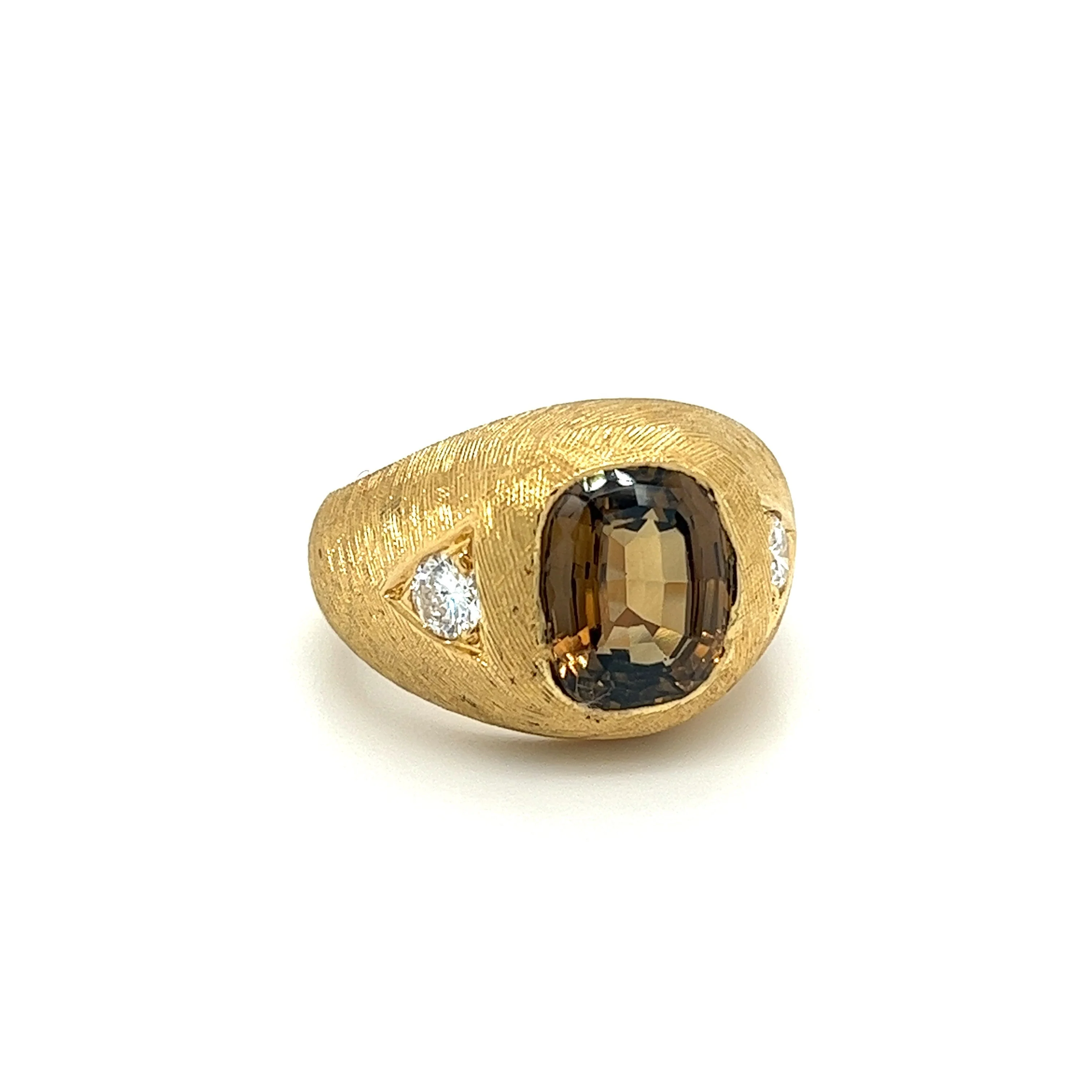 GIA Certified Cushion Cut Brown Chrysoberyl Mens Ring With Matte Textured Gold Finish and Diamond Side Stones - Image 3