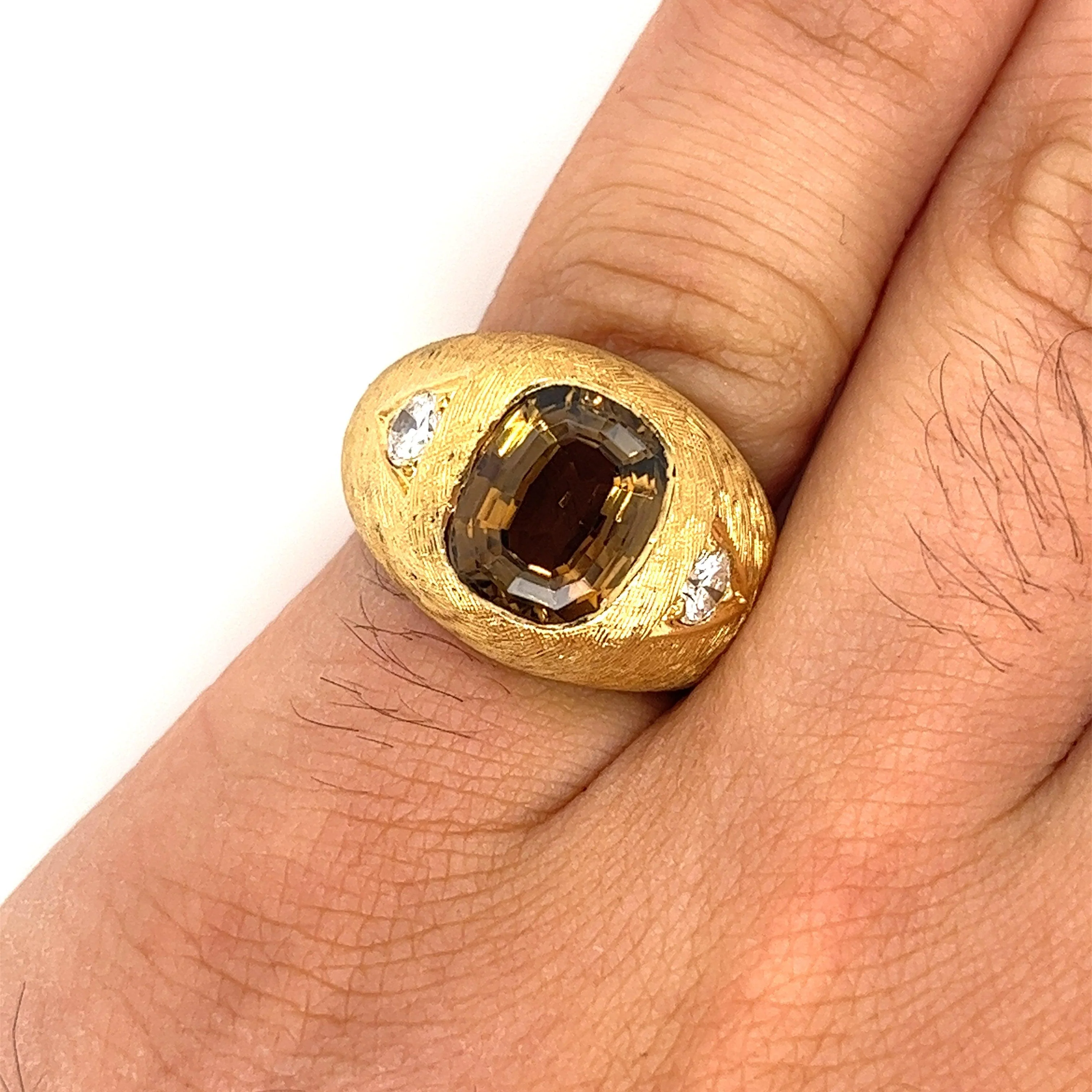 GIA Certified Cushion Cut Brown Chrysoberyl Mens Ring With Matte Textured Gold Finish and Diamond Side Stones - Image 5