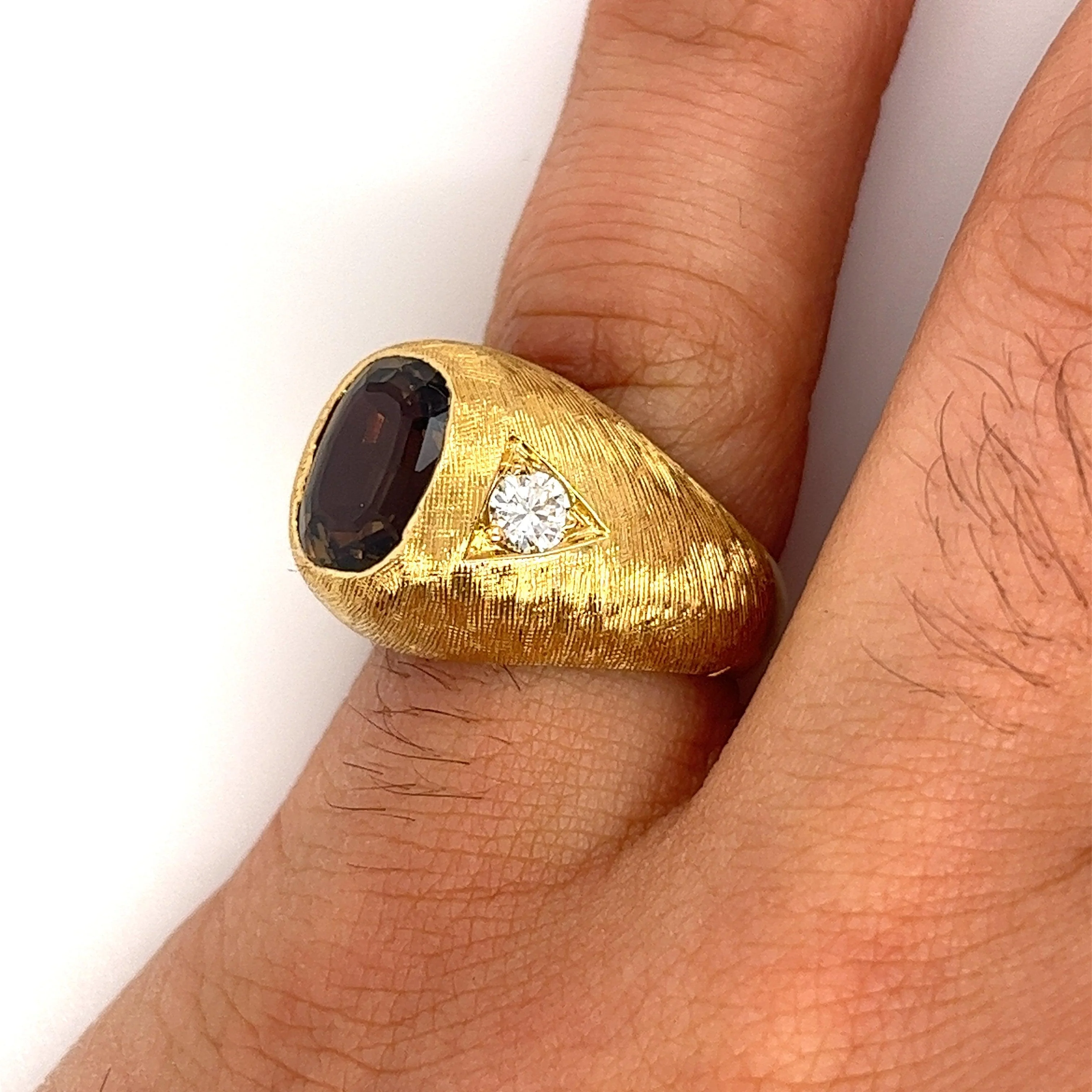 GIA Certified Cushion Cut Brown Chrysoberyl Mens Ring With Matte Textured Gold Finish and Diamond Side Stones - Image 6