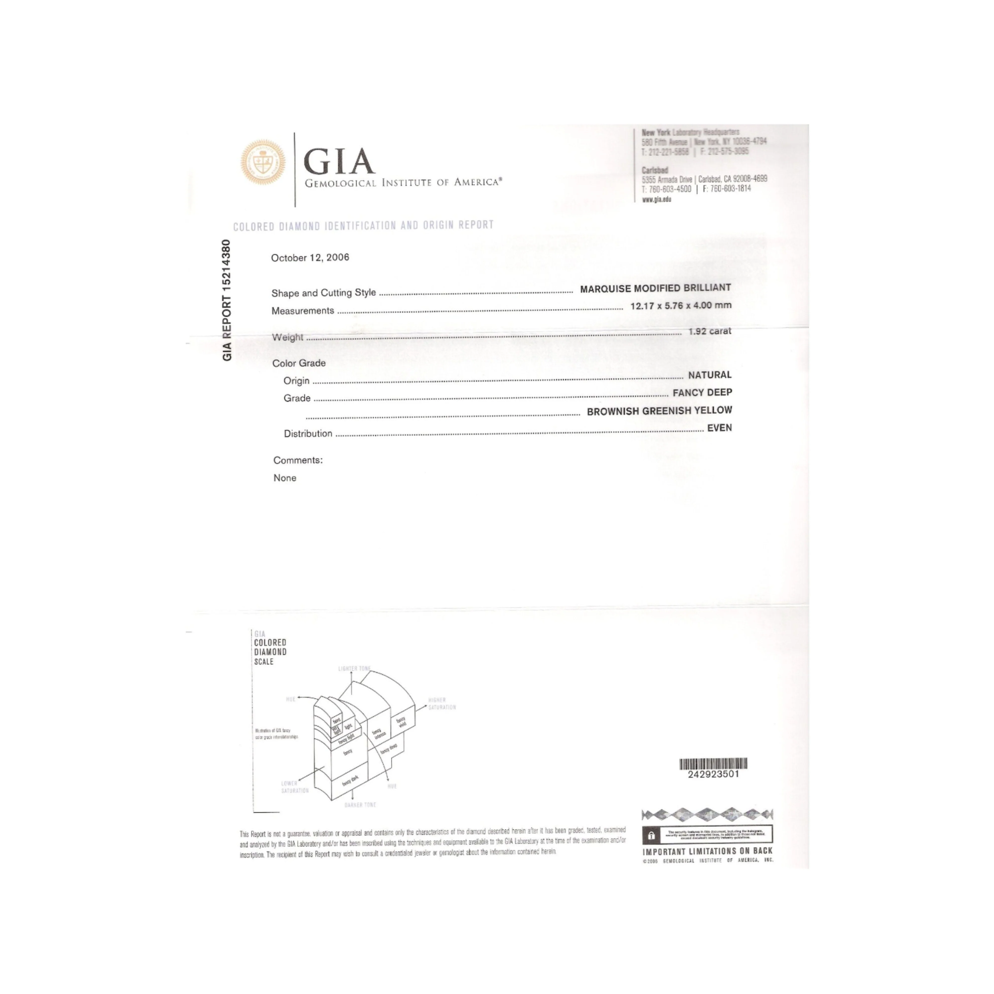 GIA Certified 1.92 carat Brownish Greenish Yellow Marquise Cut Diamond Ring - Image 9
