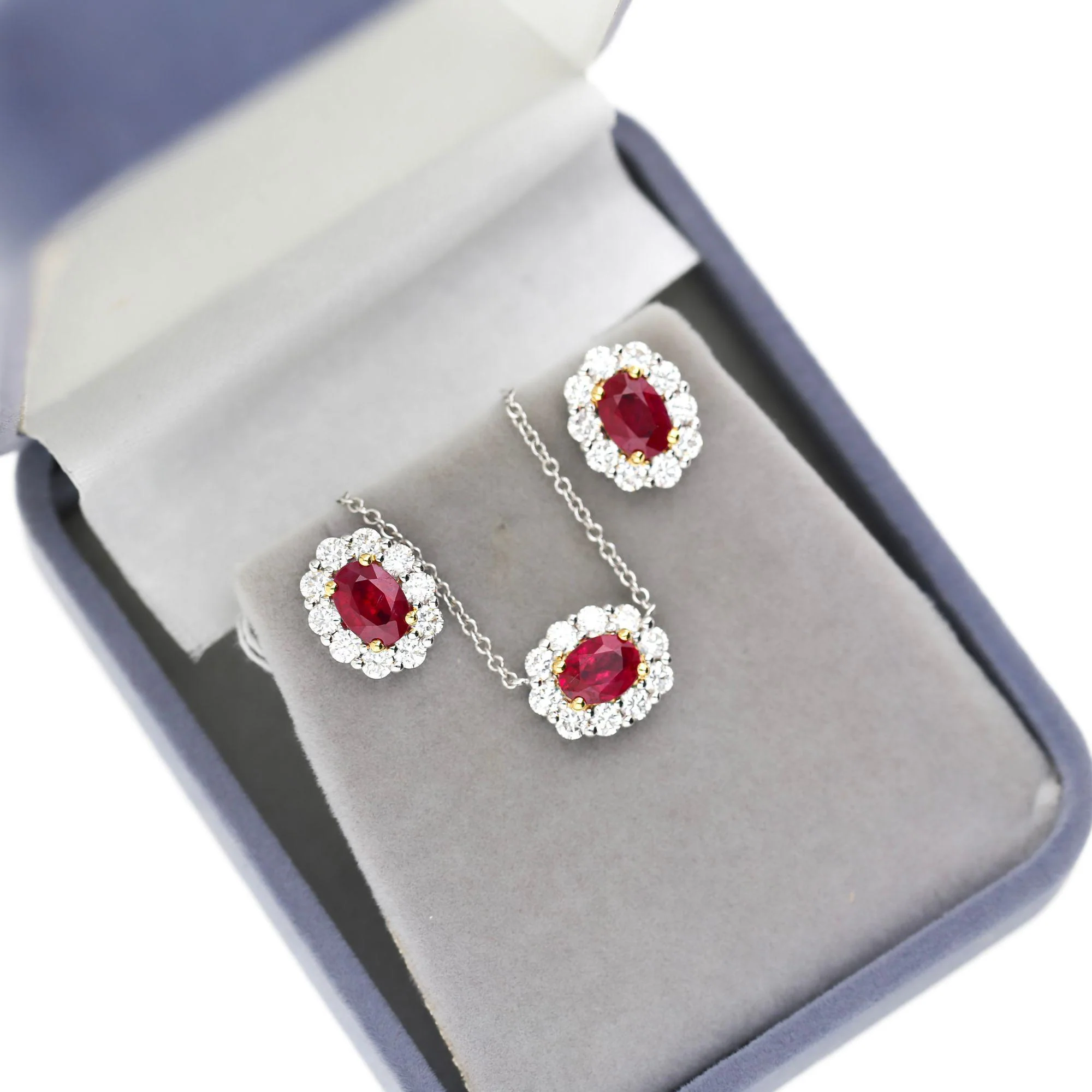 GIA Certified Burma Ruby Diamond Halo 18K Two Tone Gold Necklace & Earring Set - Image 2