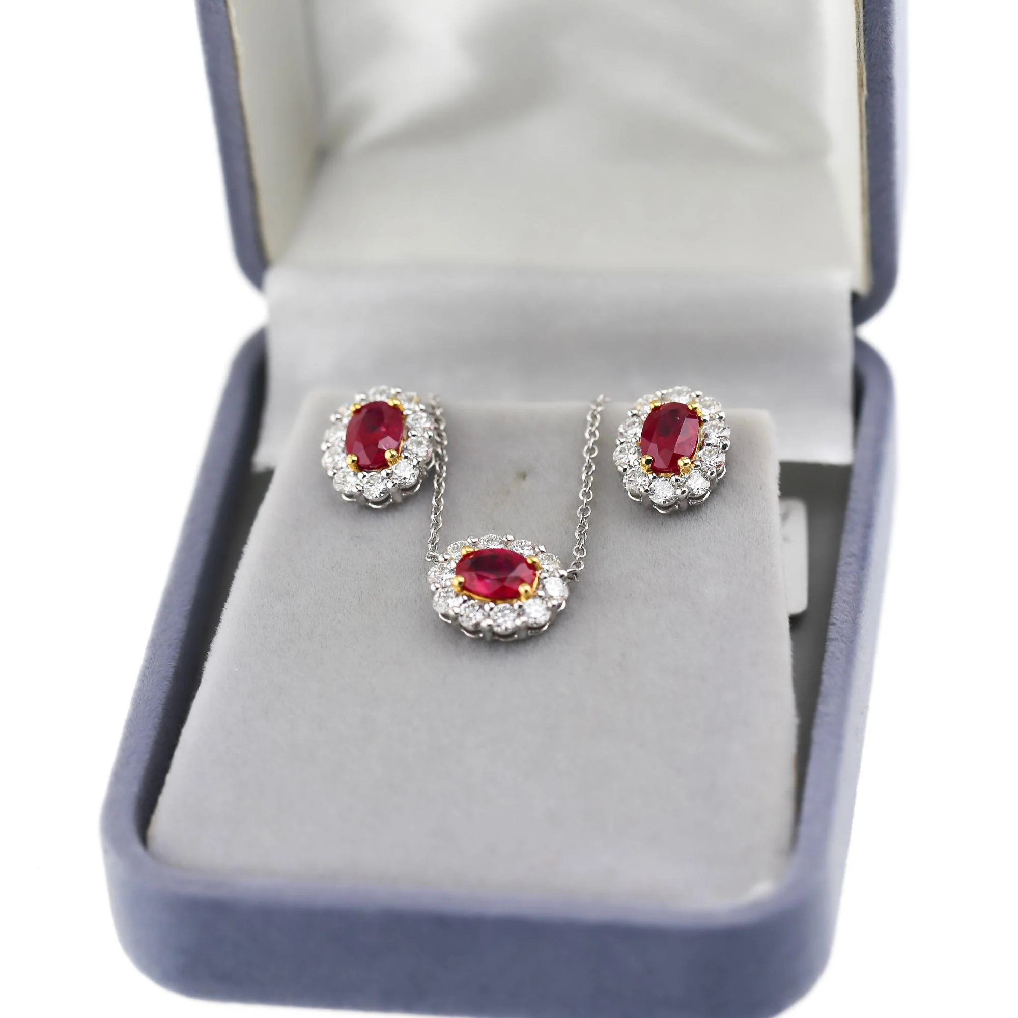 GIA Certified Burma Ruby Diamond Halo 18K Two Tone Gold Necklace & Earring Set - Image 3