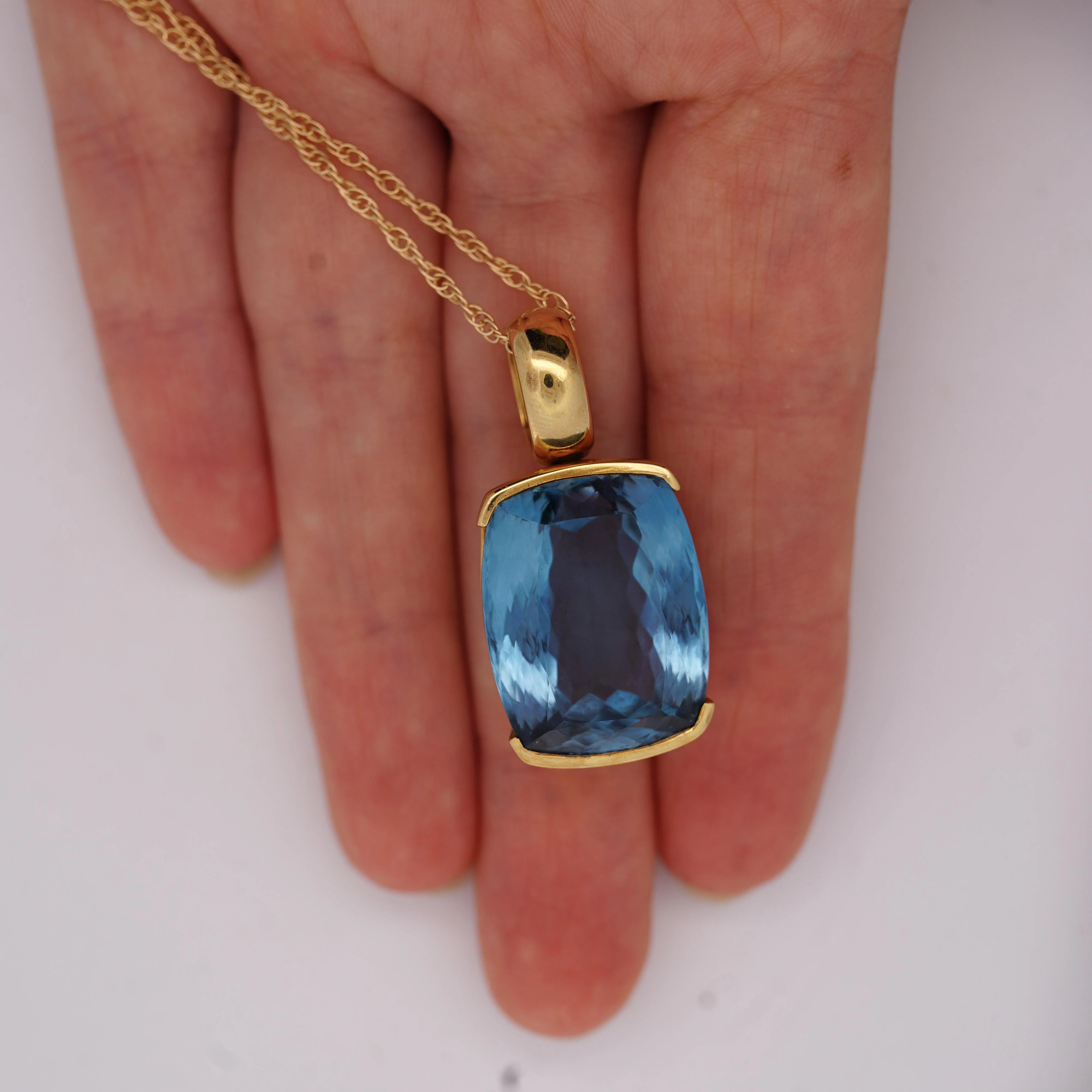 GIA Certified Cushion Cut Blue Topaz in 18K Gold Bezel Pendant Necklace - Image 3