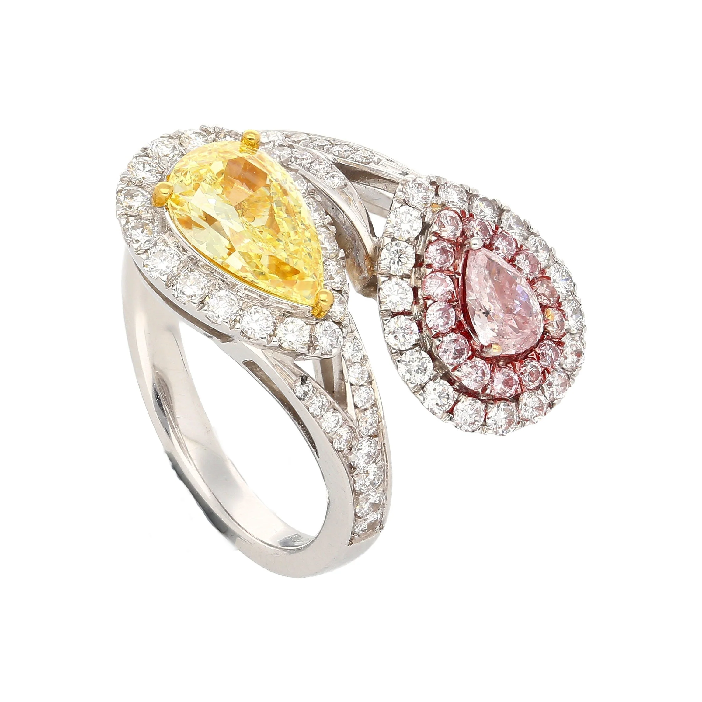 GIA Certified Fancy Intense Yellow & Fancy Light Pink Diamond Toi Et Moi Ring in 18K White Gold - Image 3